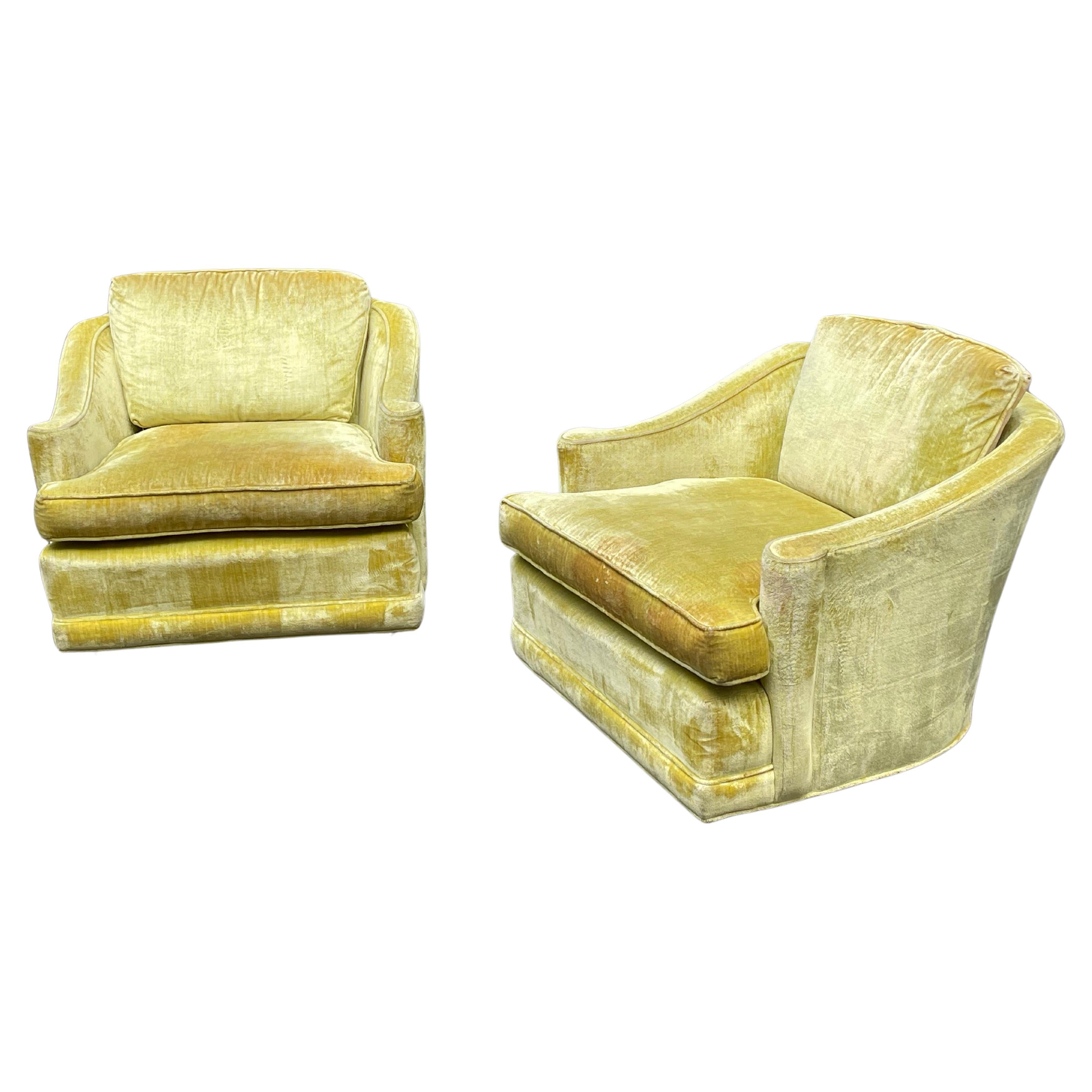 Pair of vintage 1960s classic crushed Milo Baughman style velvet club chairs. Gorgeous yellow crushed velvet fabric.

Chairs swivel. Really comfortable.

Chairs are in good vintage condition. Minor wear and small areas stains. Reversible cushions.