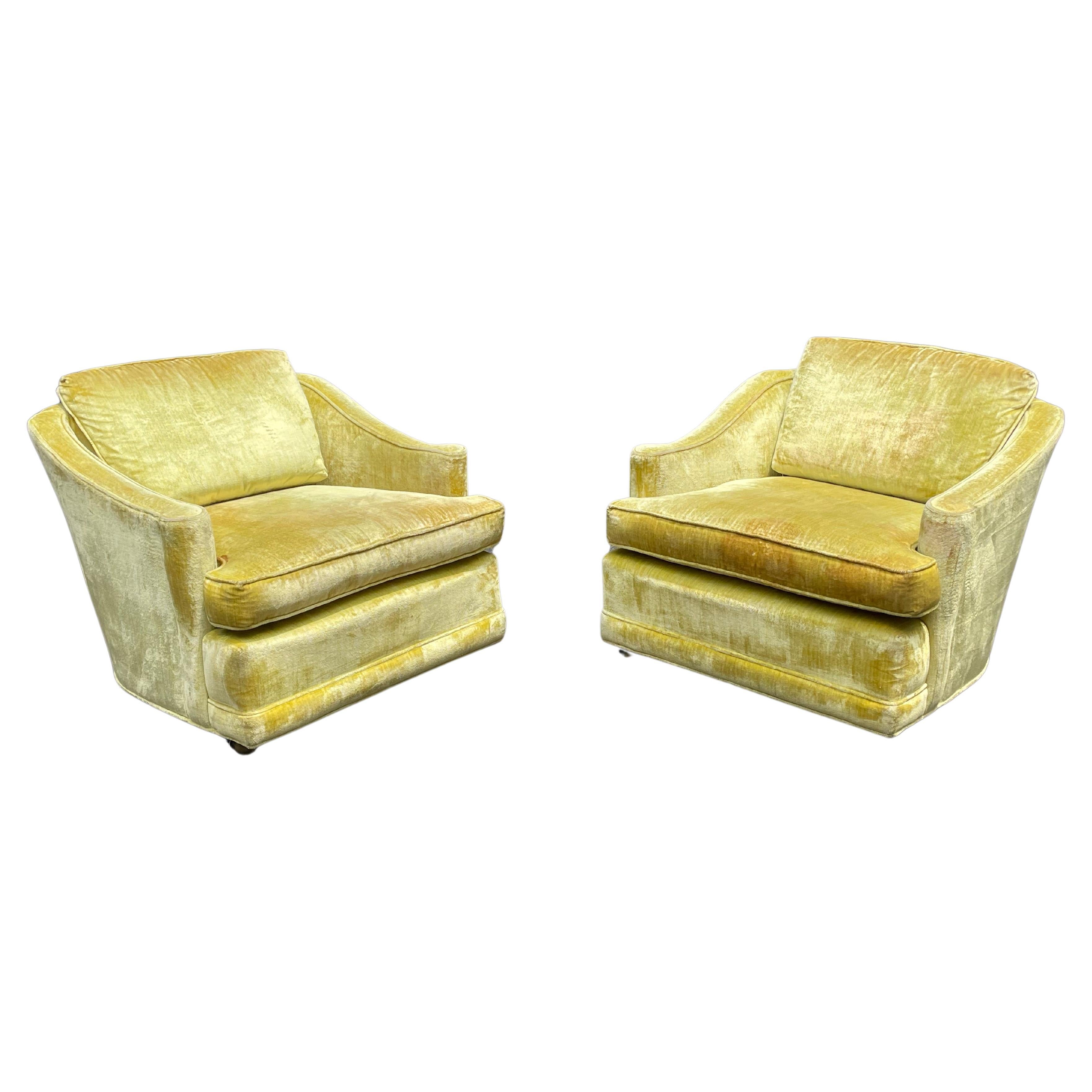 Mid-Century Modern Milo Baughman Style Yellow Crushed Velvet Club Chairs - Circa 1960s