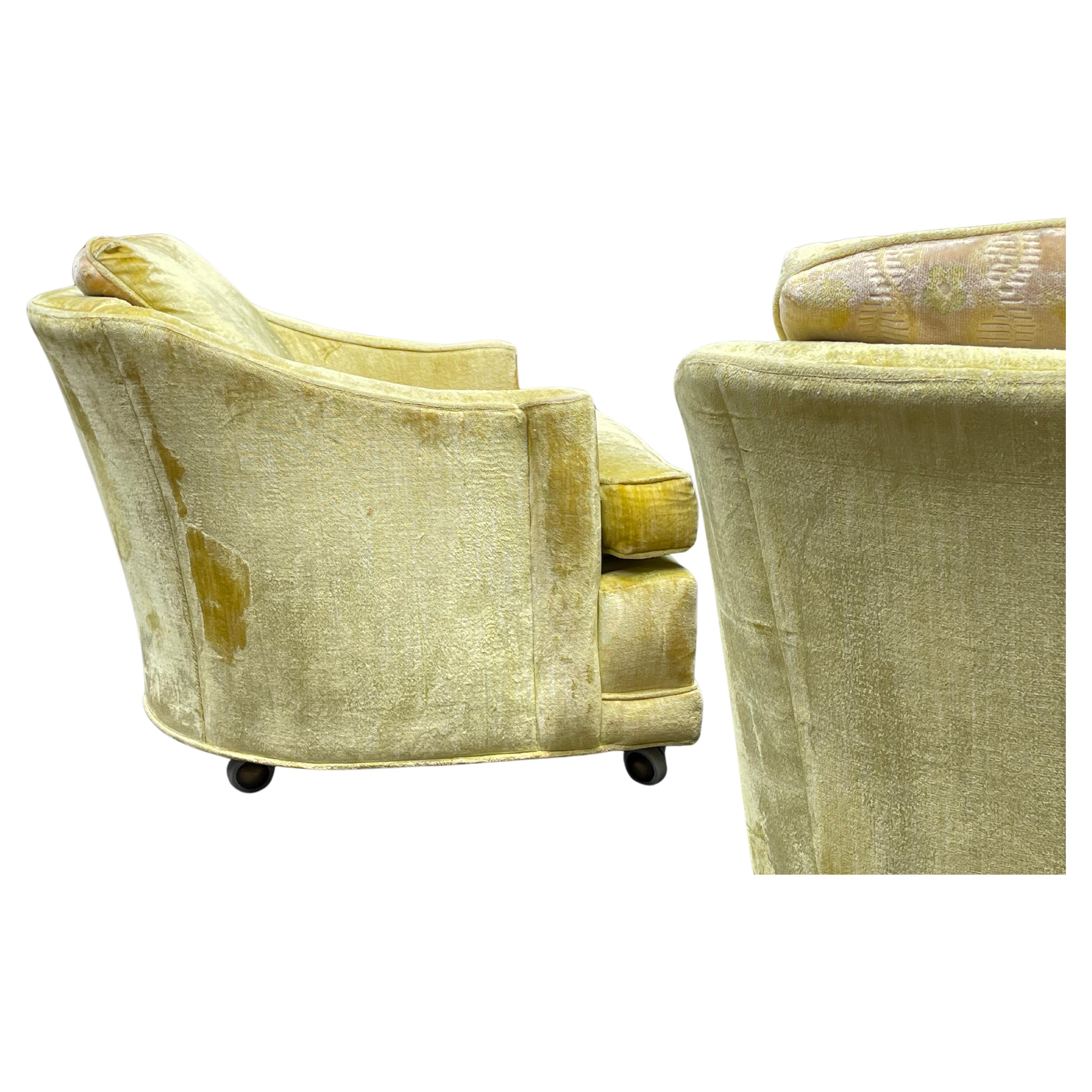 American Milo Baughman Style Yellow Crushed Velvet Club Chairs - Circa 1960s