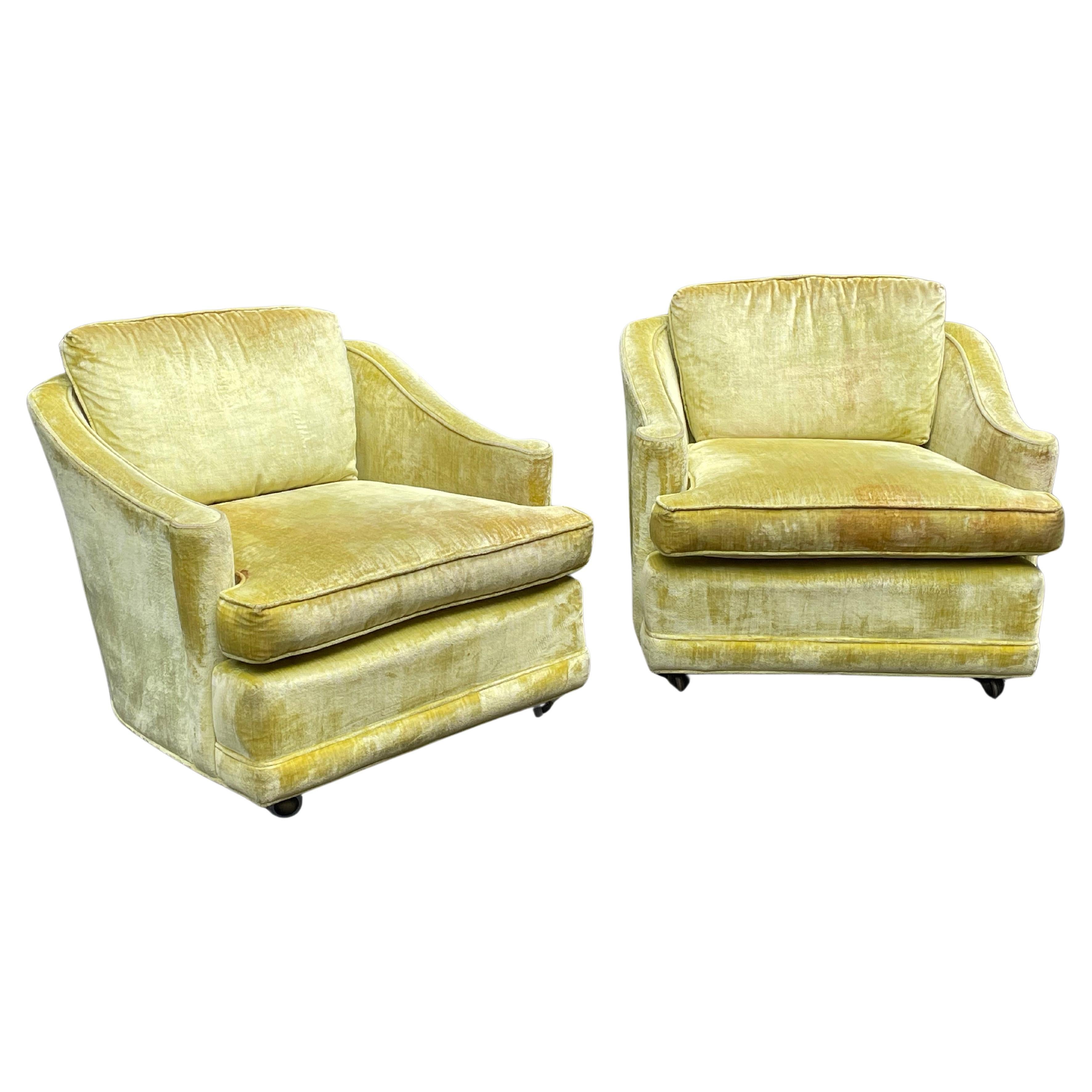 Milo Baughman Style Yellow Crushed Velvet Club Chairs - Circa 1960s 1