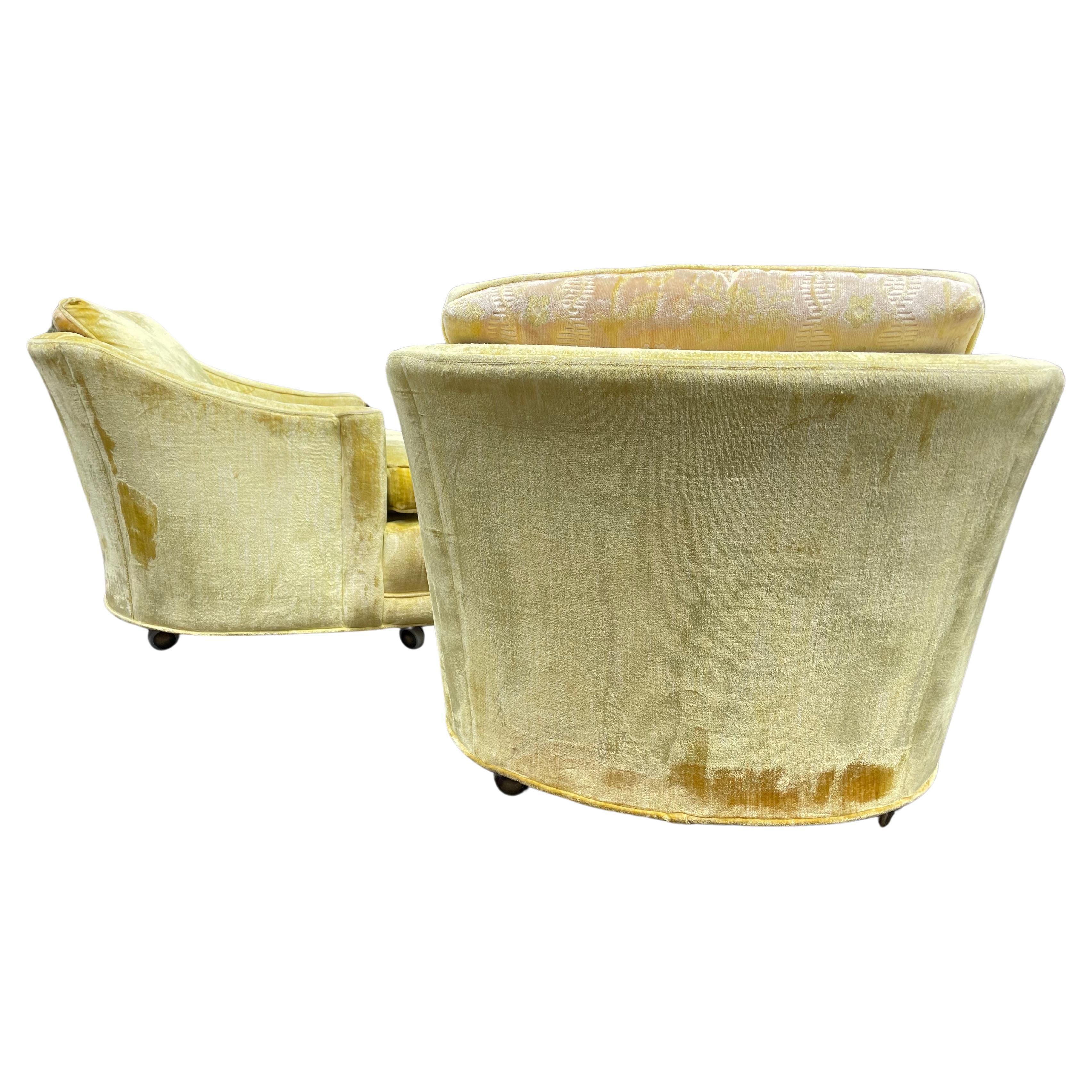 Milo Baughman Style Yellow Crushed Velvet Club Chairs - Circa 1960s 2