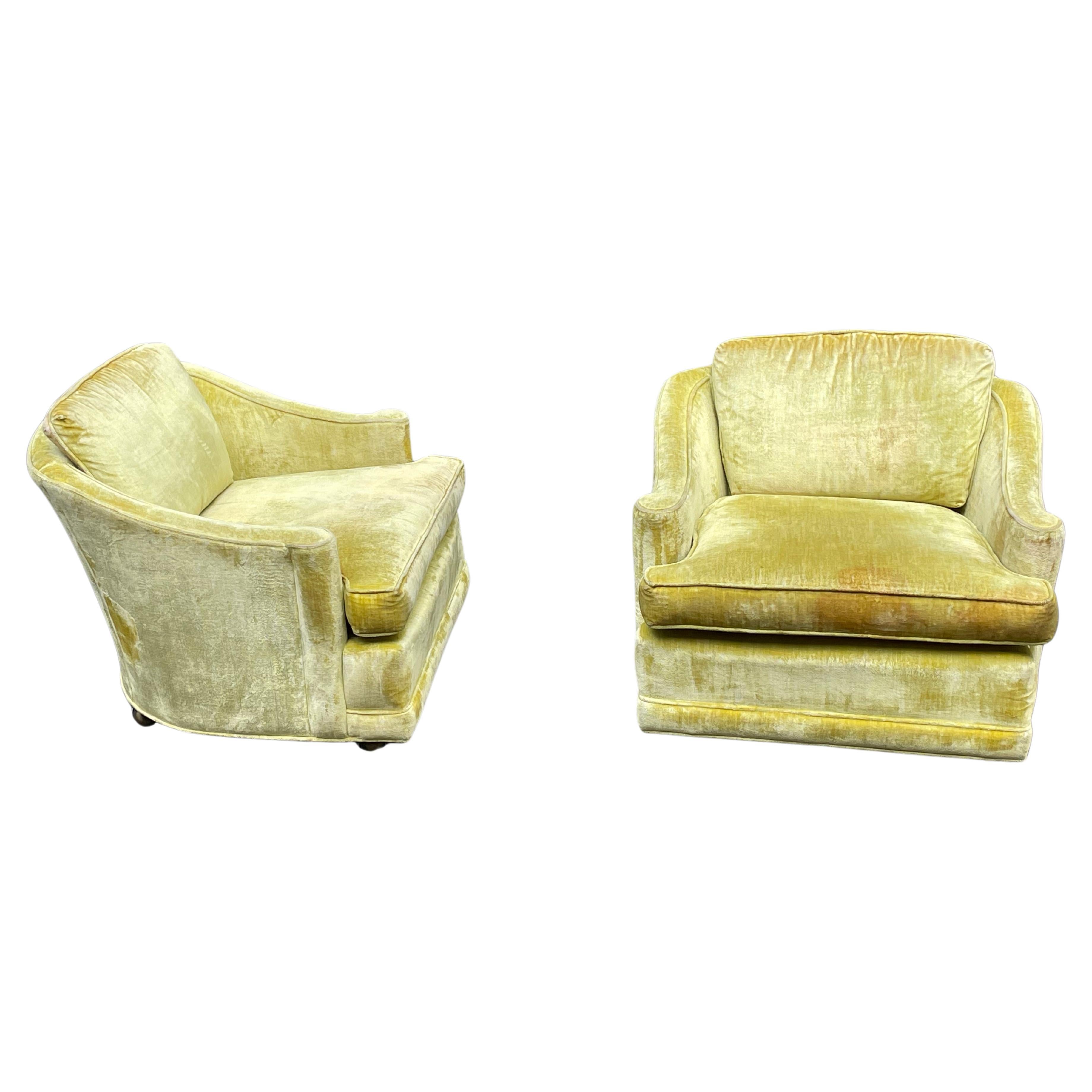 Milo Baughman Style Yellow Crushed Velvet Club Chairs - Circa 1960s 3
