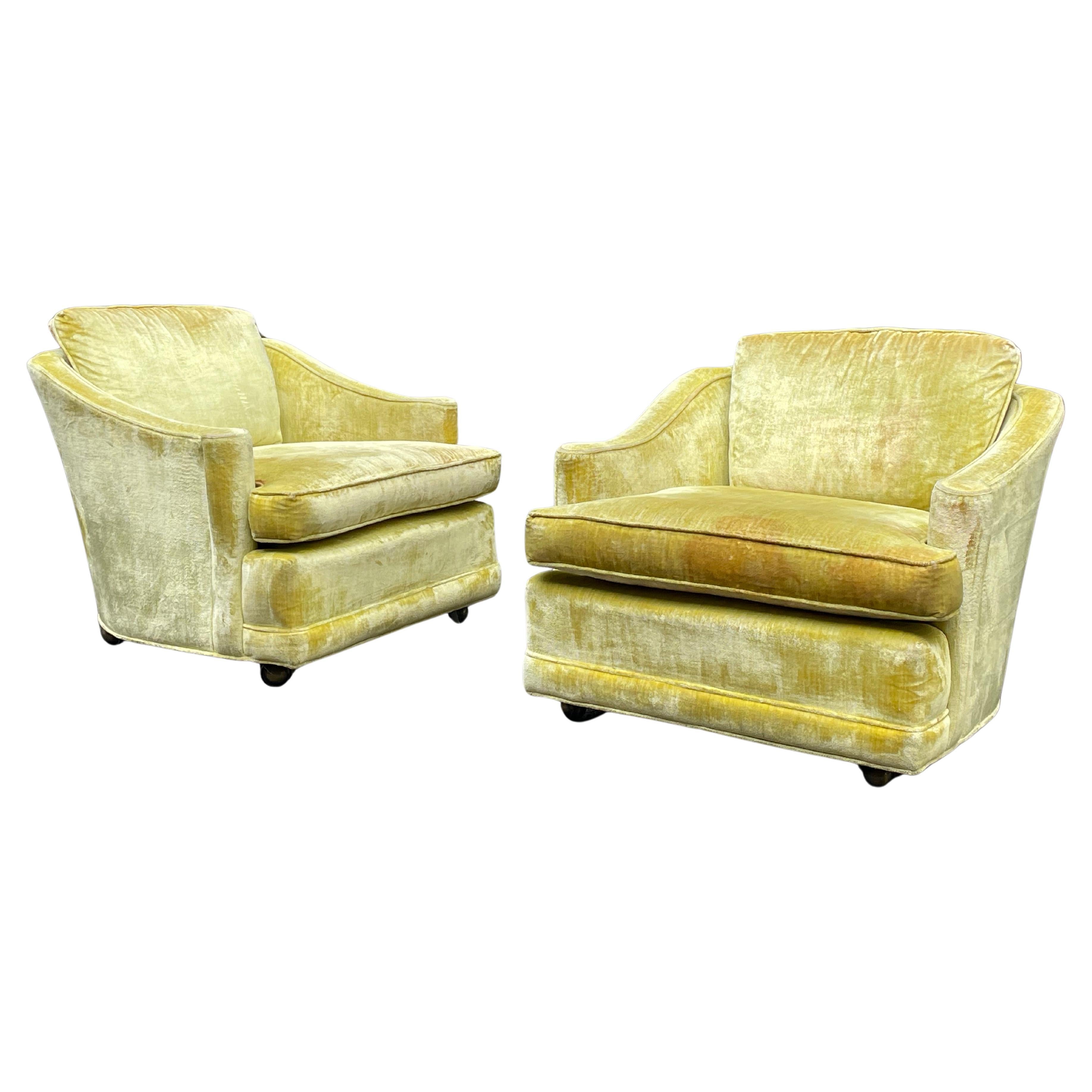 Milo Baughman Style Yellow Crushed Velvet Club Chairs Circa 1960s