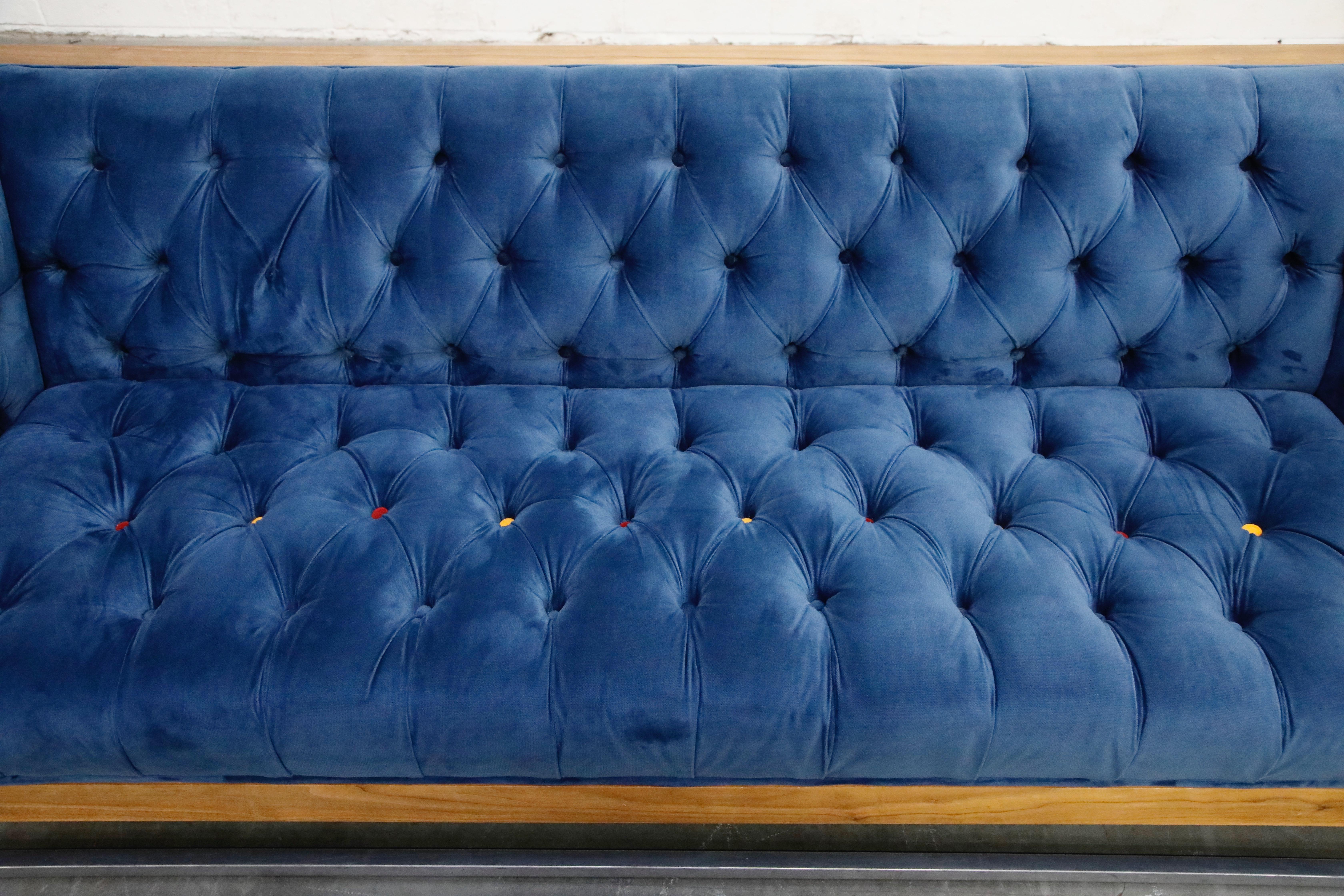 Milo Baughman Styled Custom Wood Case Sofa with Tufted Velvet on Steel Frame  1