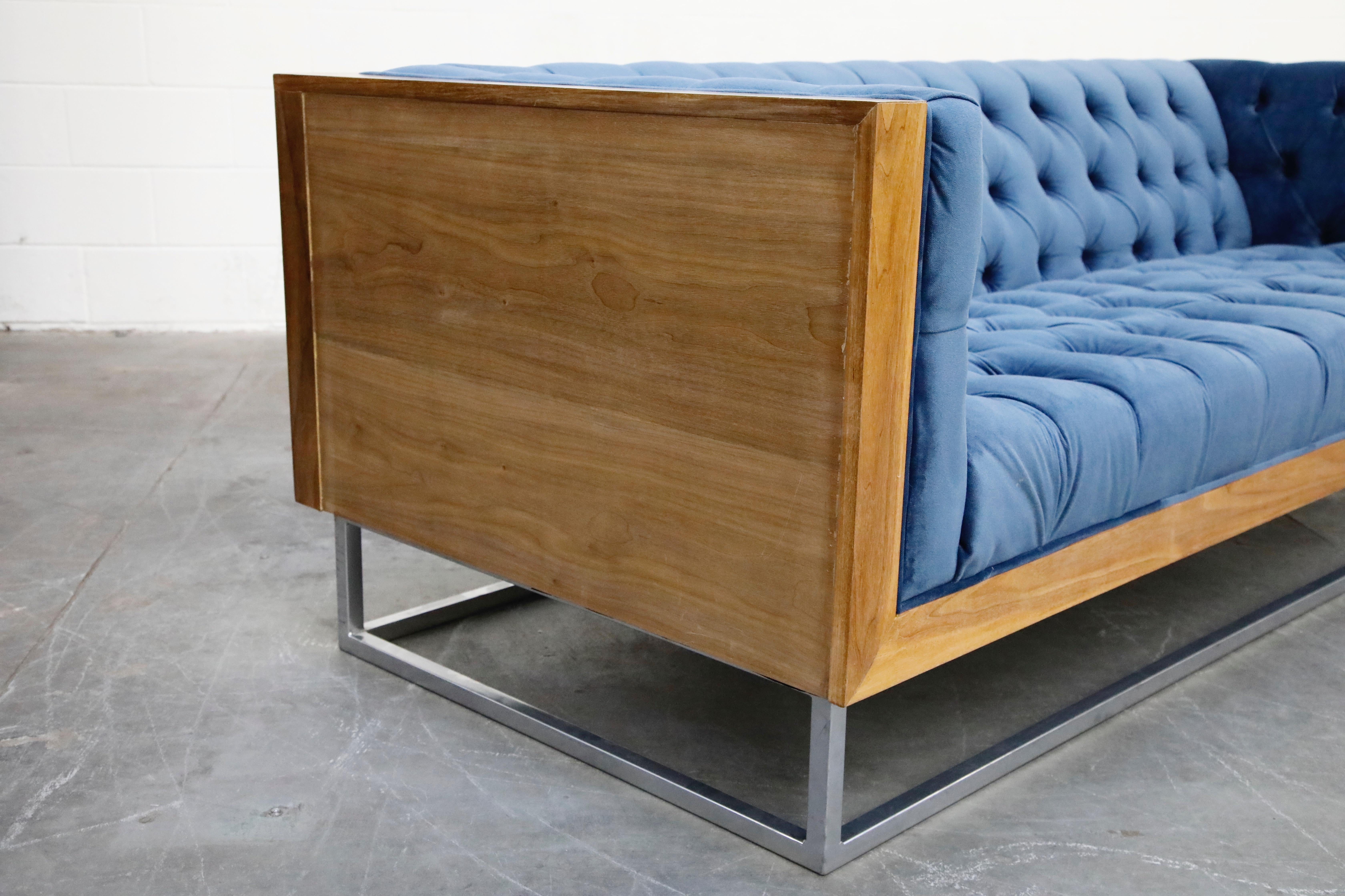 Milo Baughman Styled Custom Wood Case Sofa with Tufted Velvet on Steel Frame 3