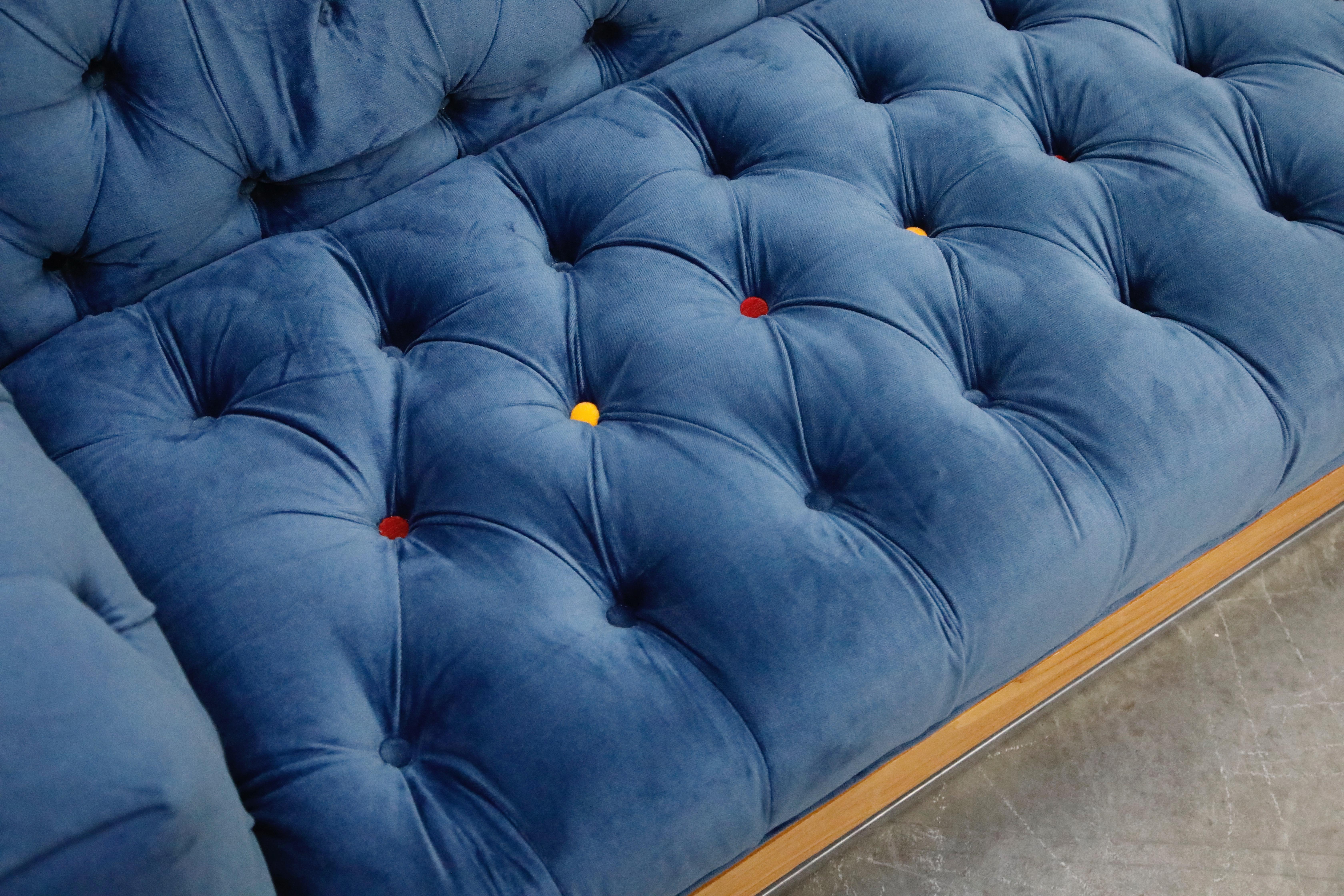 Milo Baughman Styled Custom Wood Case Sofa with Tufted Velvet on Steel Frame 6