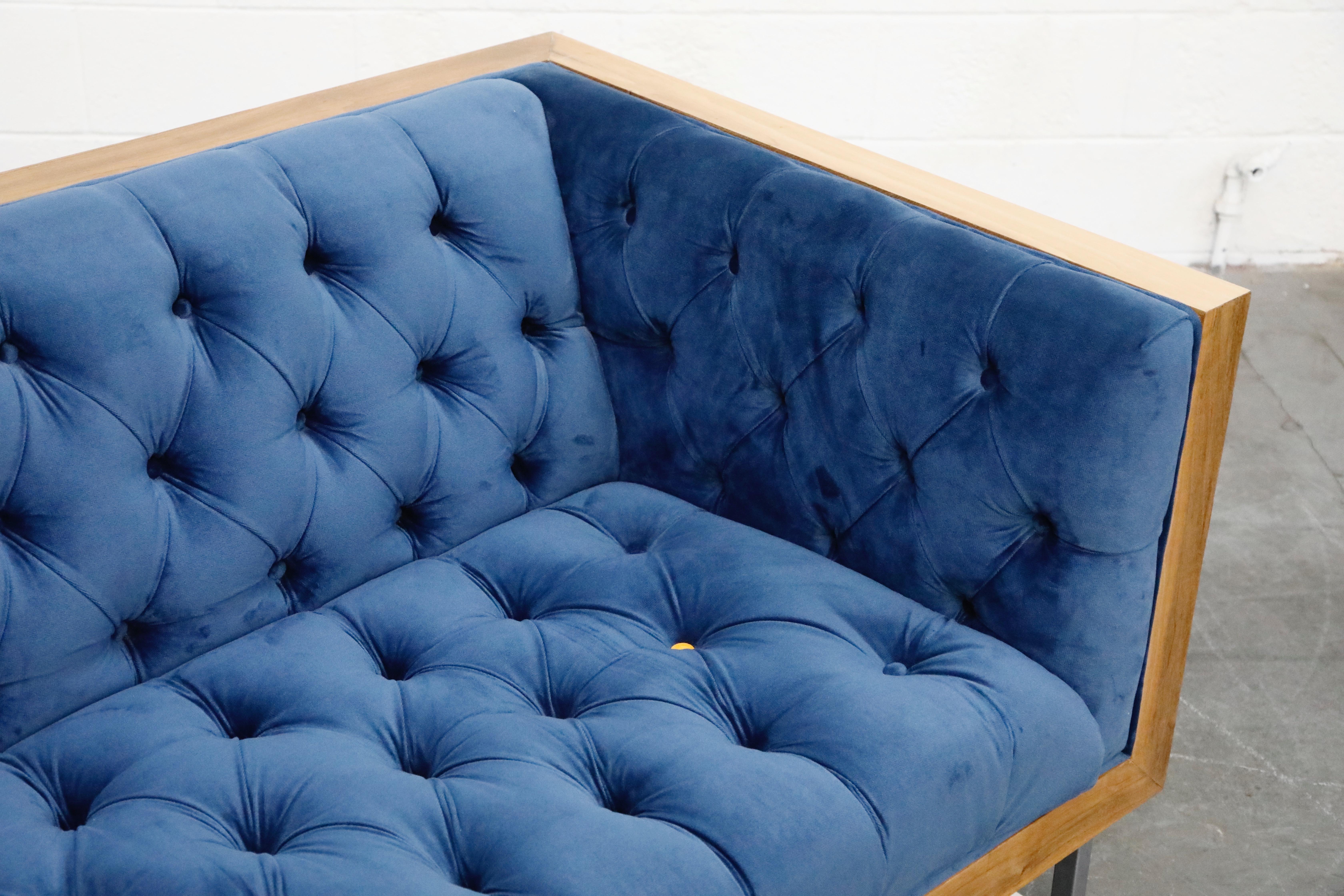Milo Baughman Styled Custom Wood Case Sofa with Tufted Velvet on Steel Frame 7