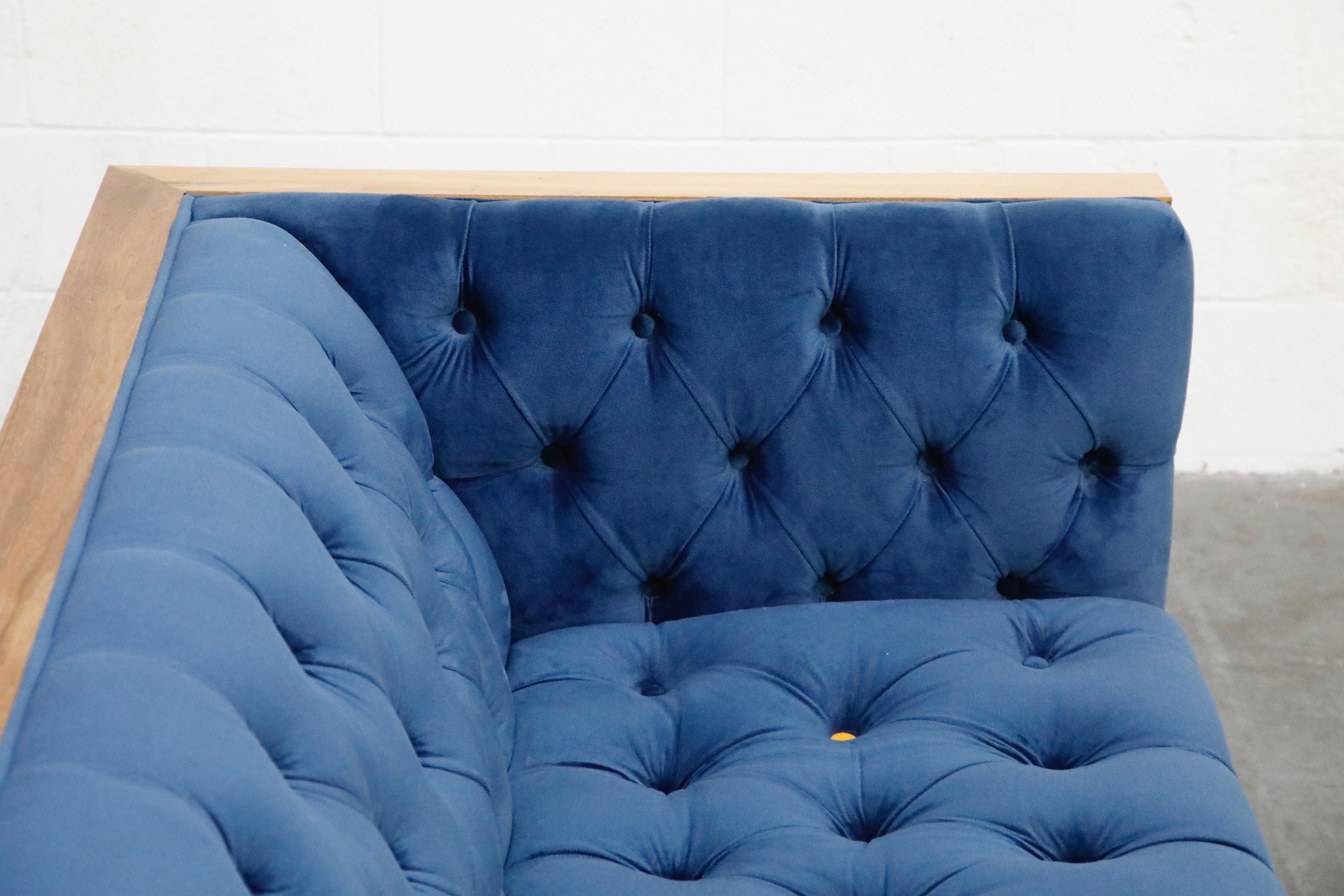 Milo Baughman Styled Custom Wood Case Sofa with Tufted Velvet on Steel Frame  9