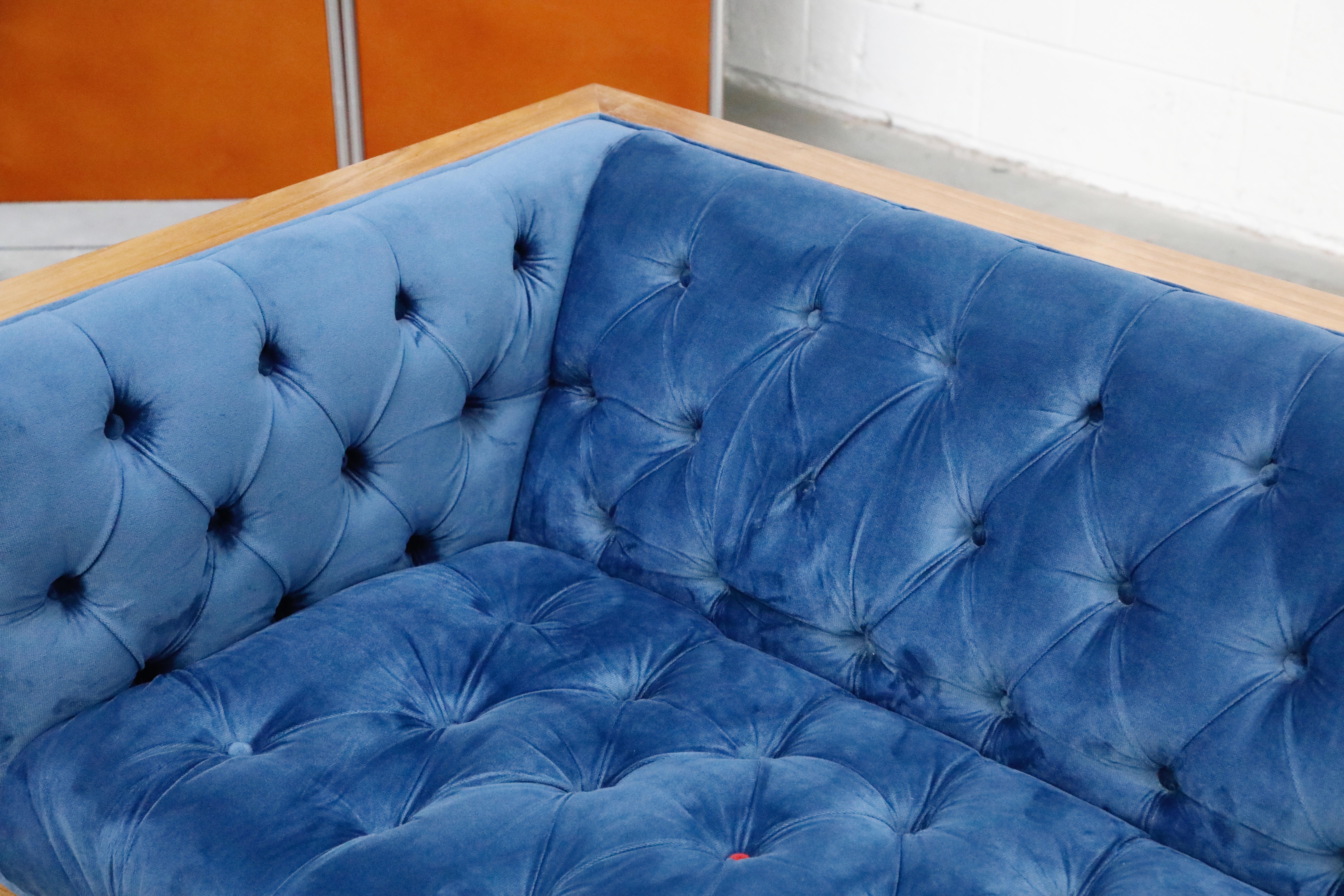 Milo Baughman Styled Custom Wood Case Sofa with Tufted Velvet on Steel Frame  10