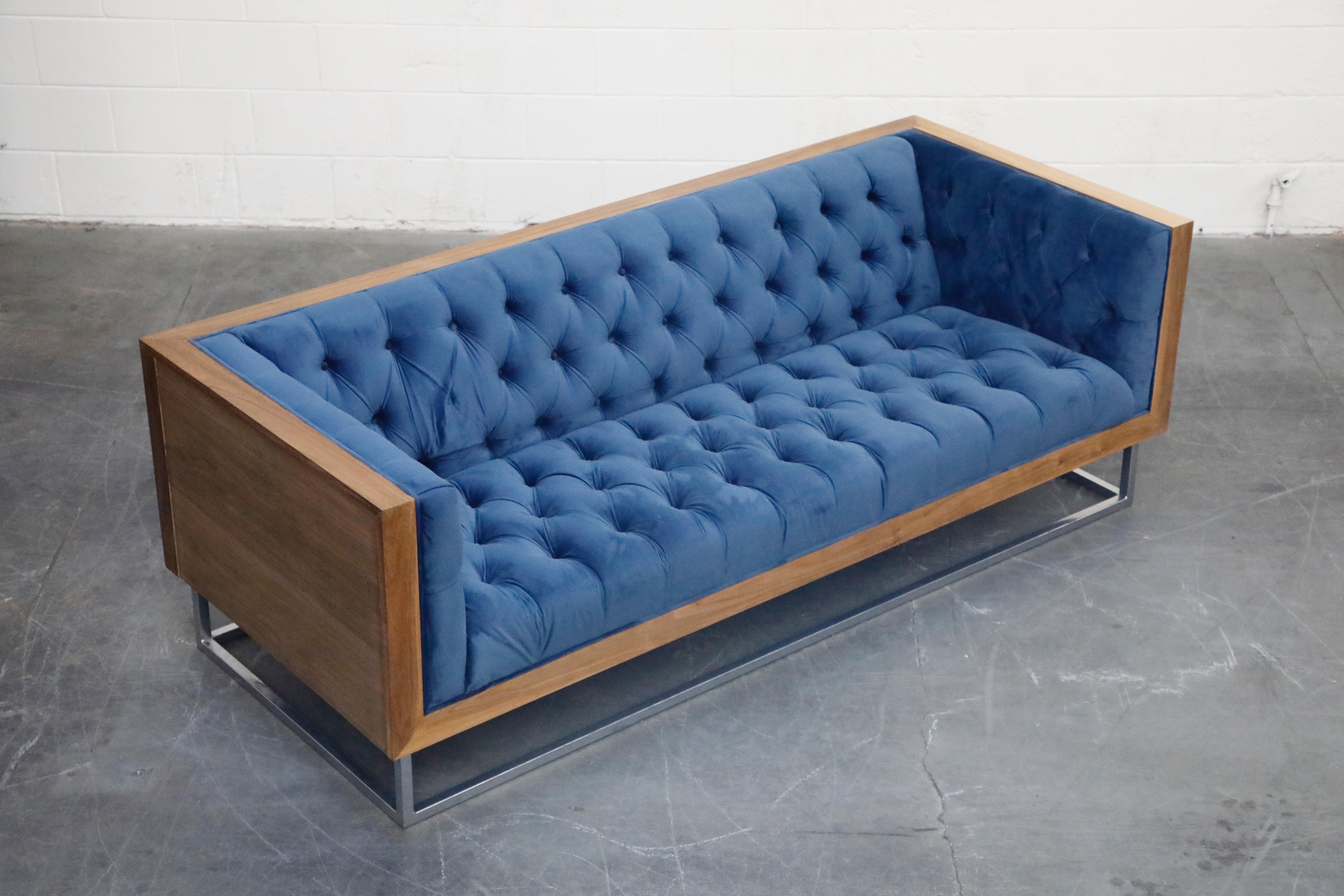 Mid-Century Modern Milo Baughman Styled Custom Wood Case Sofa with Tufted Velvet on Steel Frame 