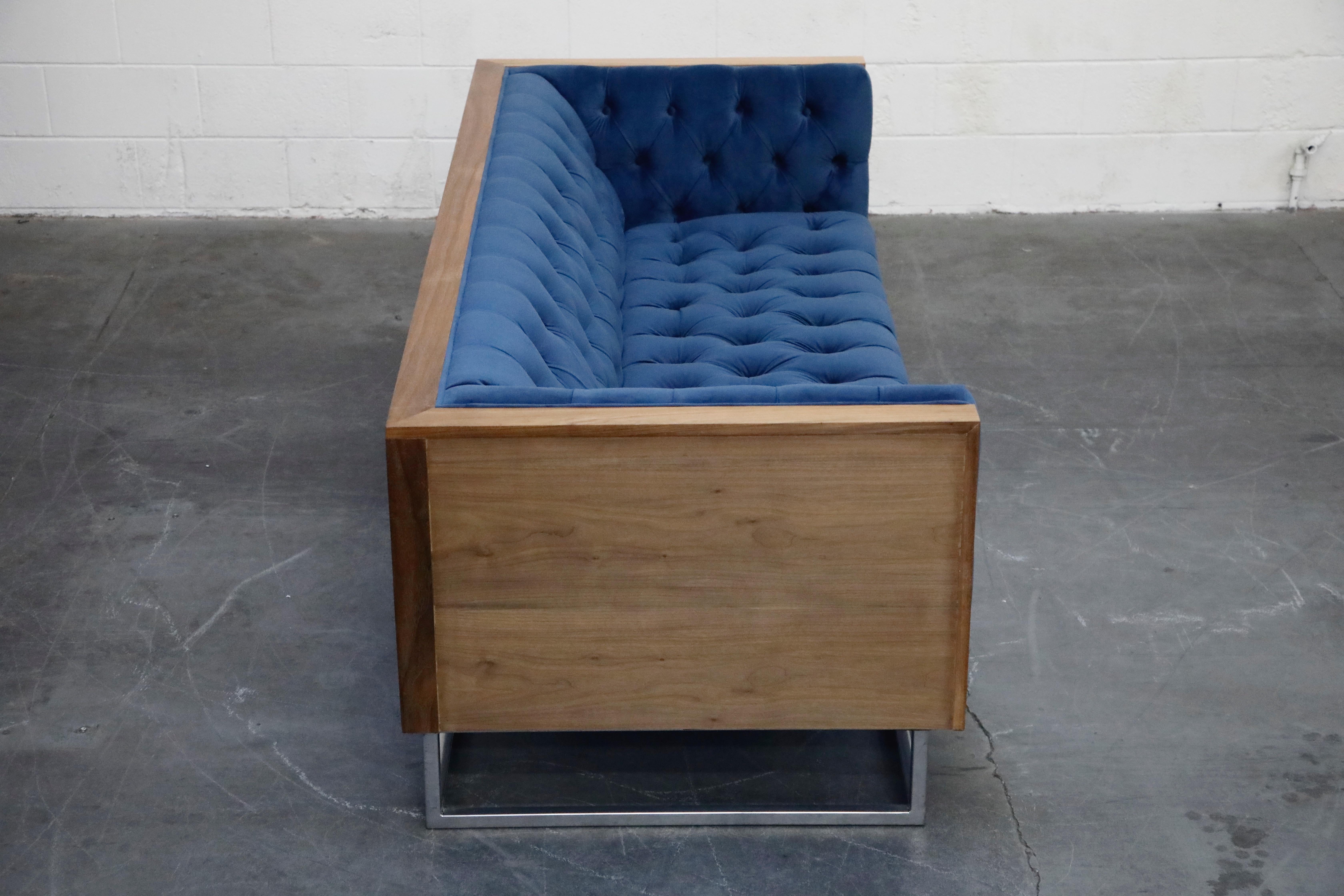 American Milo Baughman Styled Custom Wood Case Sofa with Tufted Velvet on Steel Frame 