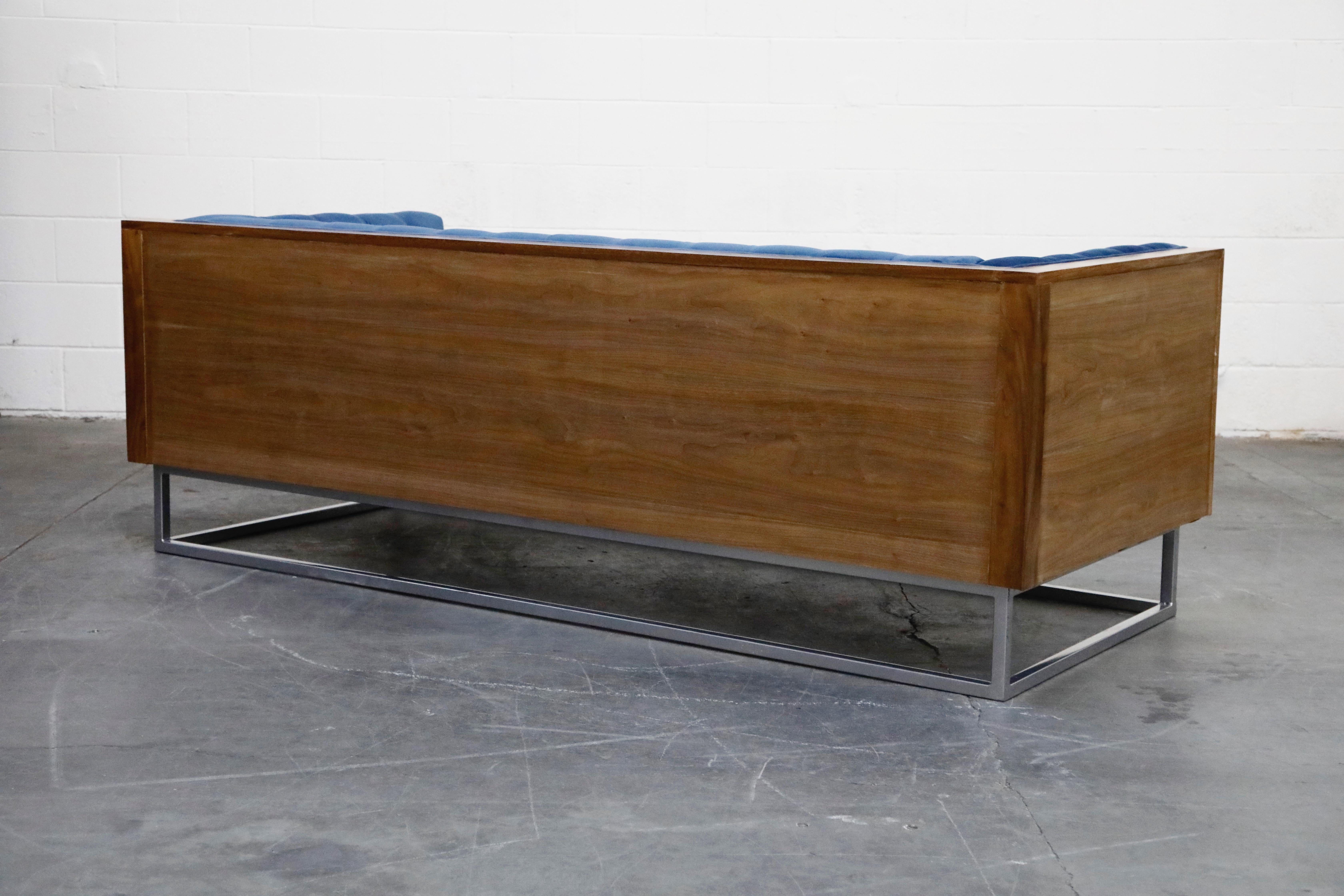 Milo Baughman Styled Custom Wood Case Sofa with Tufted Velvet on Steel Frame In Good Condition In Los Angeles, CA