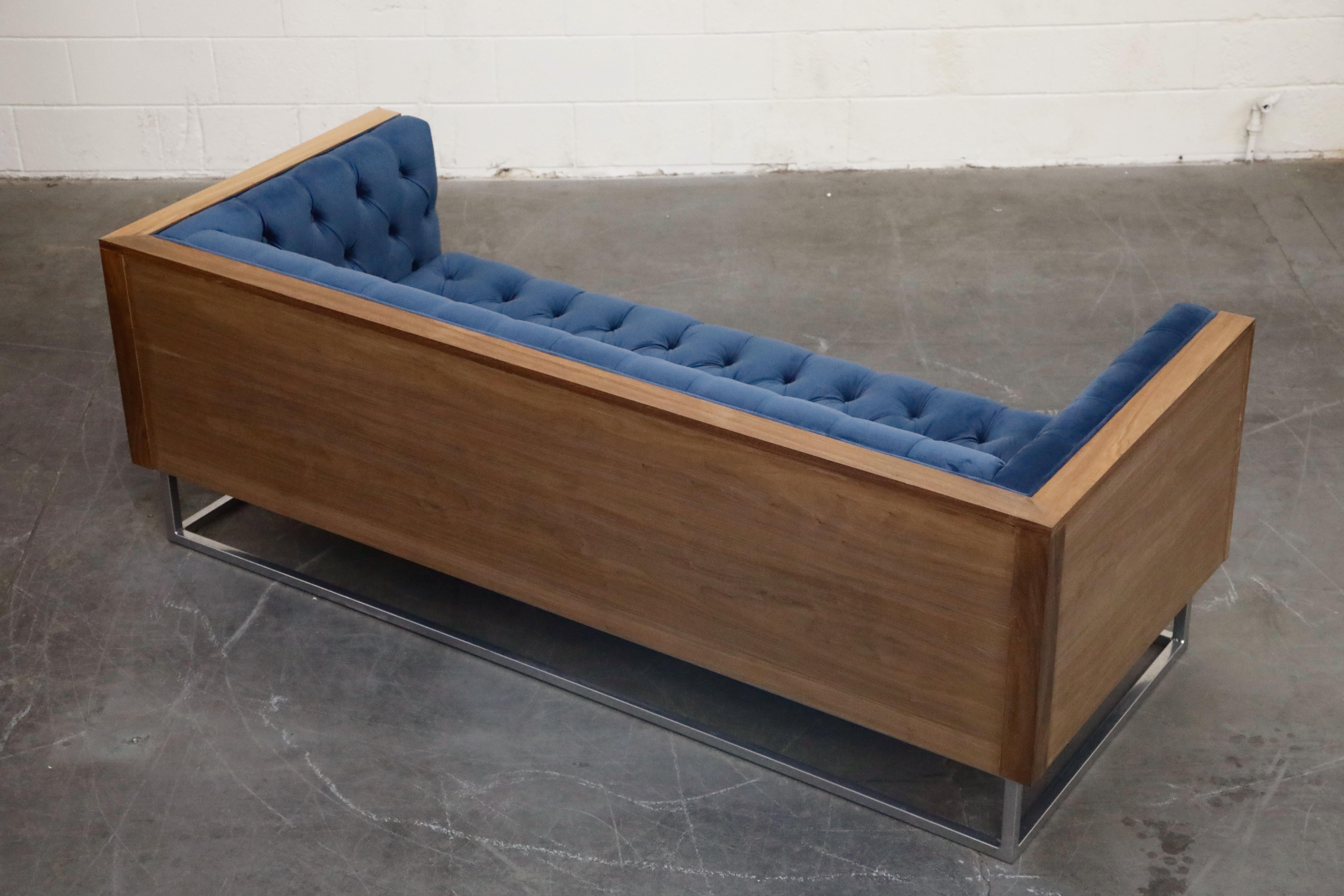 Contemporary Milo Baughman Styled Custom Wood Case Sofa with Tufted Velvet on Steel Frame 