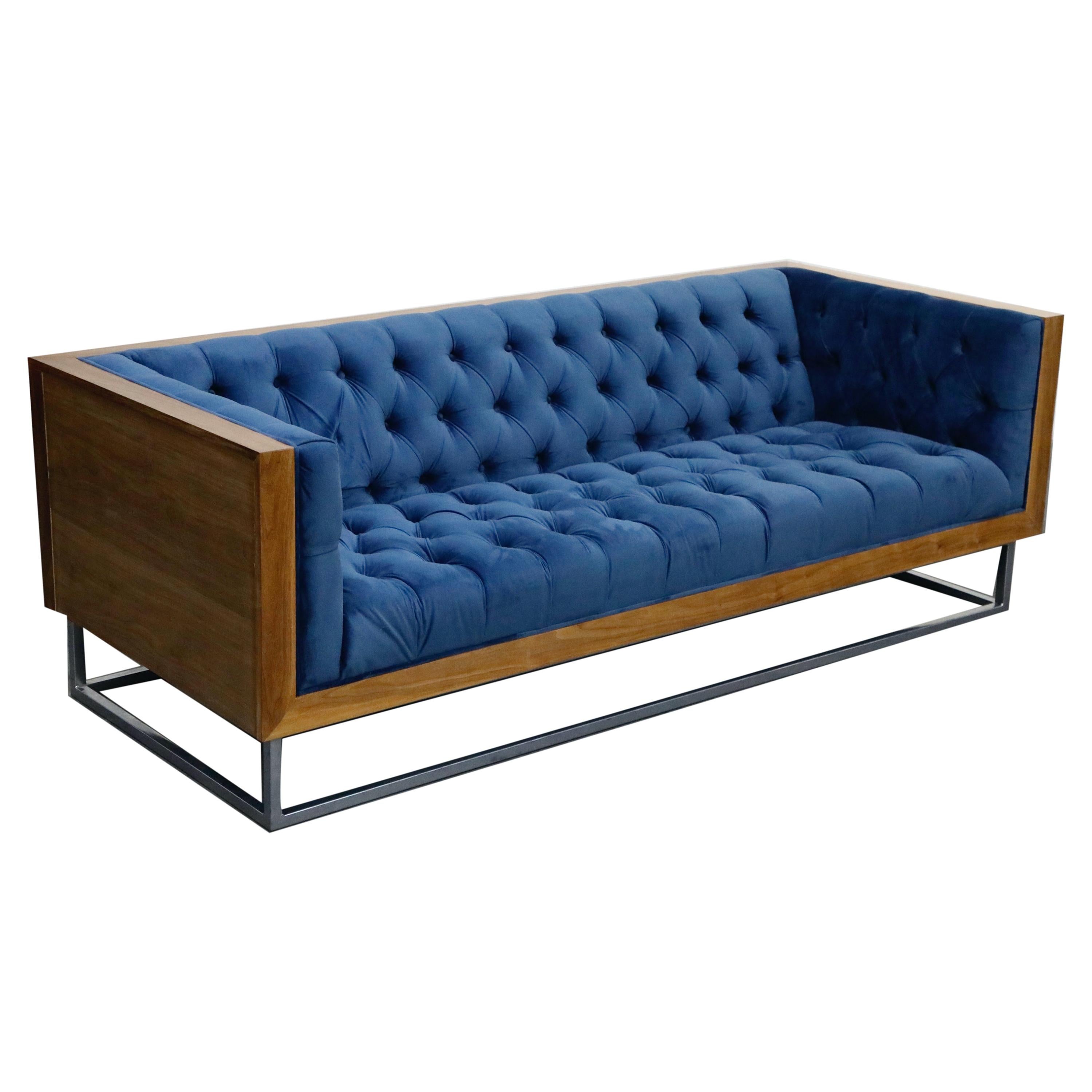 Milo Baughman Styled Custom Wood Case Sofa with Tufted Velvet on Steel Frame 