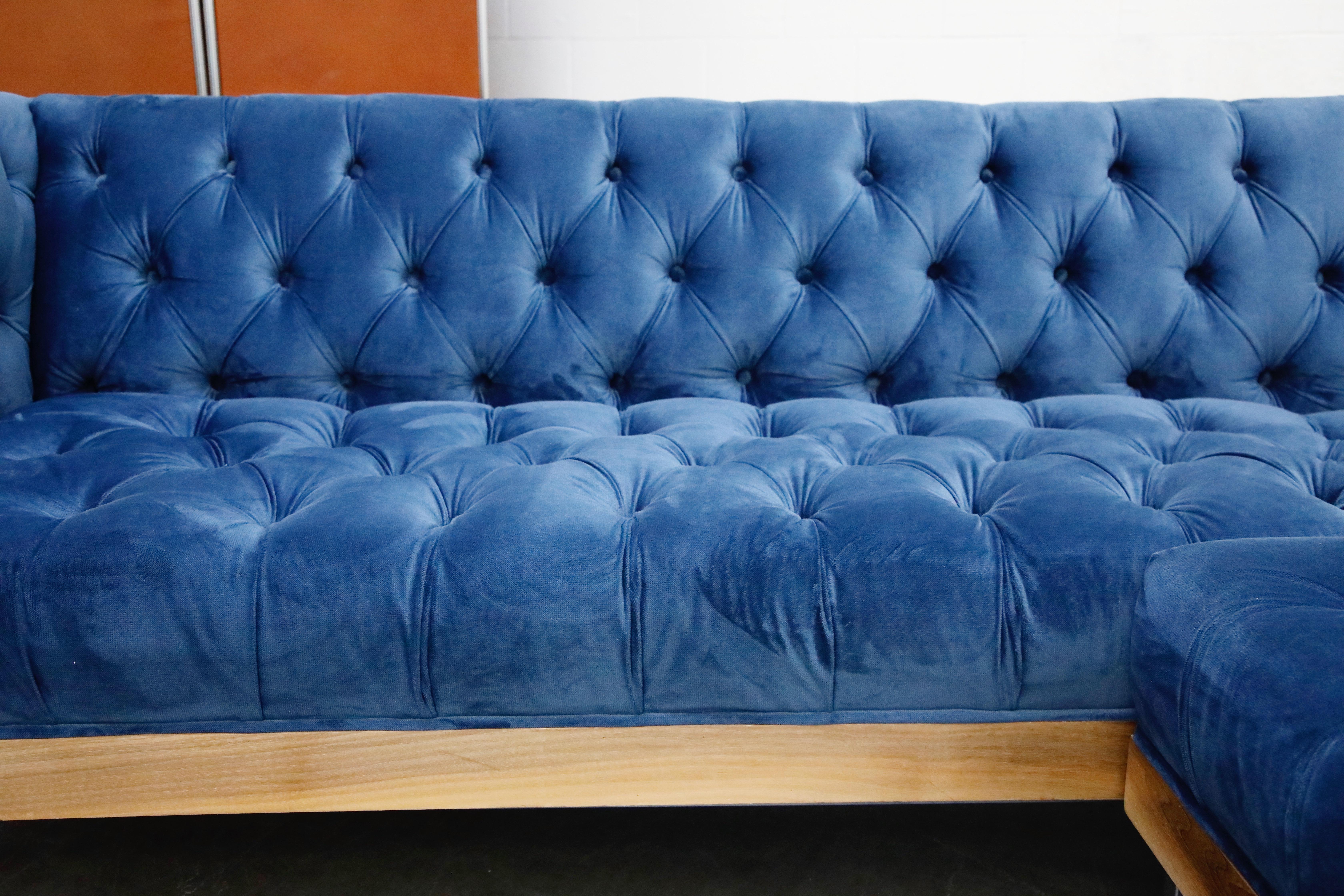 Milo Baughman Styled Sectional Case Sofa with Tufted Velvet on Steel Frame 4
