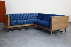 Milo Baughman Styled Sectional Case Sofa with Tufted Velvet on Steel Frame
