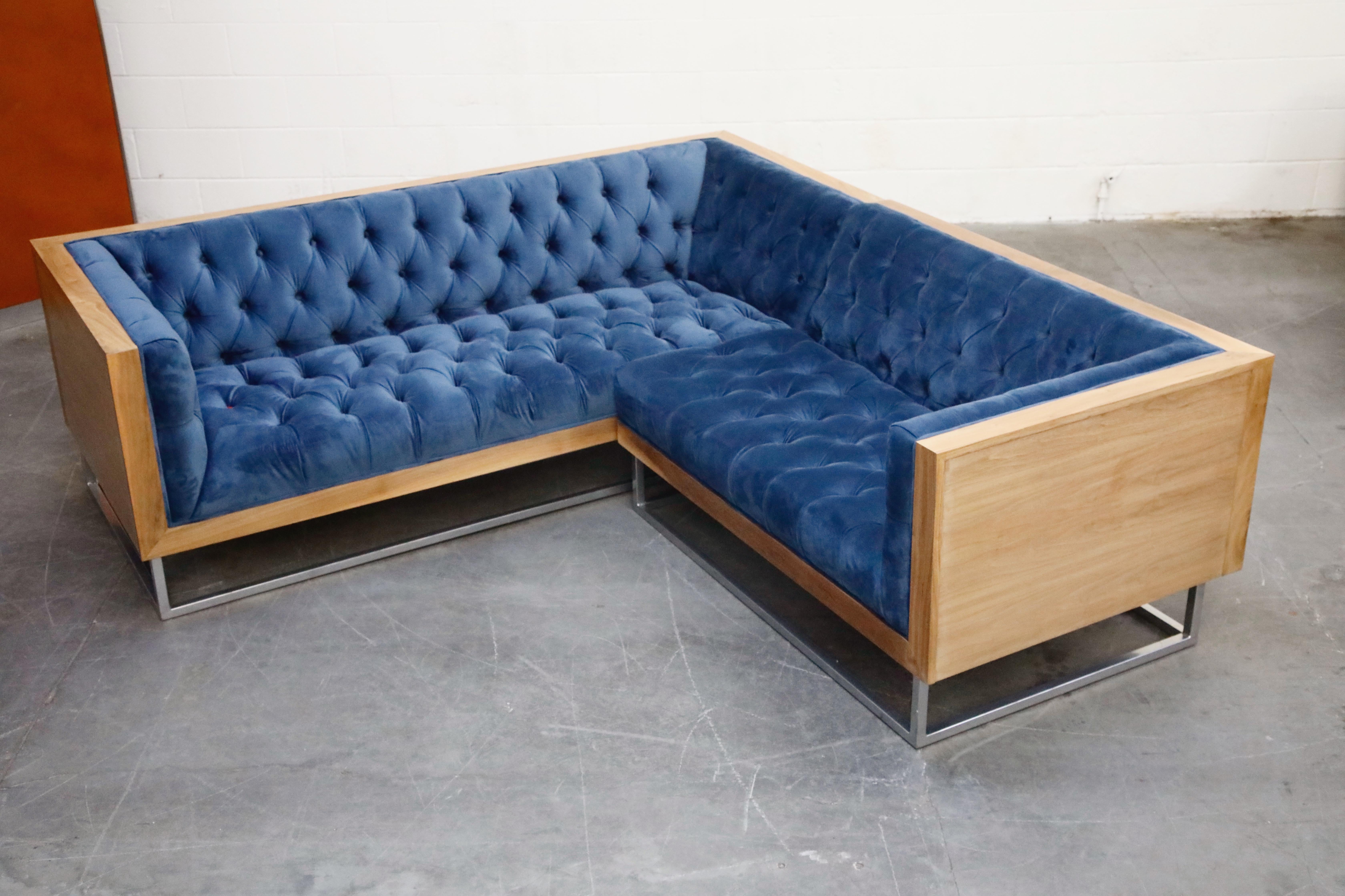 Mid-Century Modern Milo Baughman Styled Sectional Case Sofa with Tufted Velvet on Steel Frame