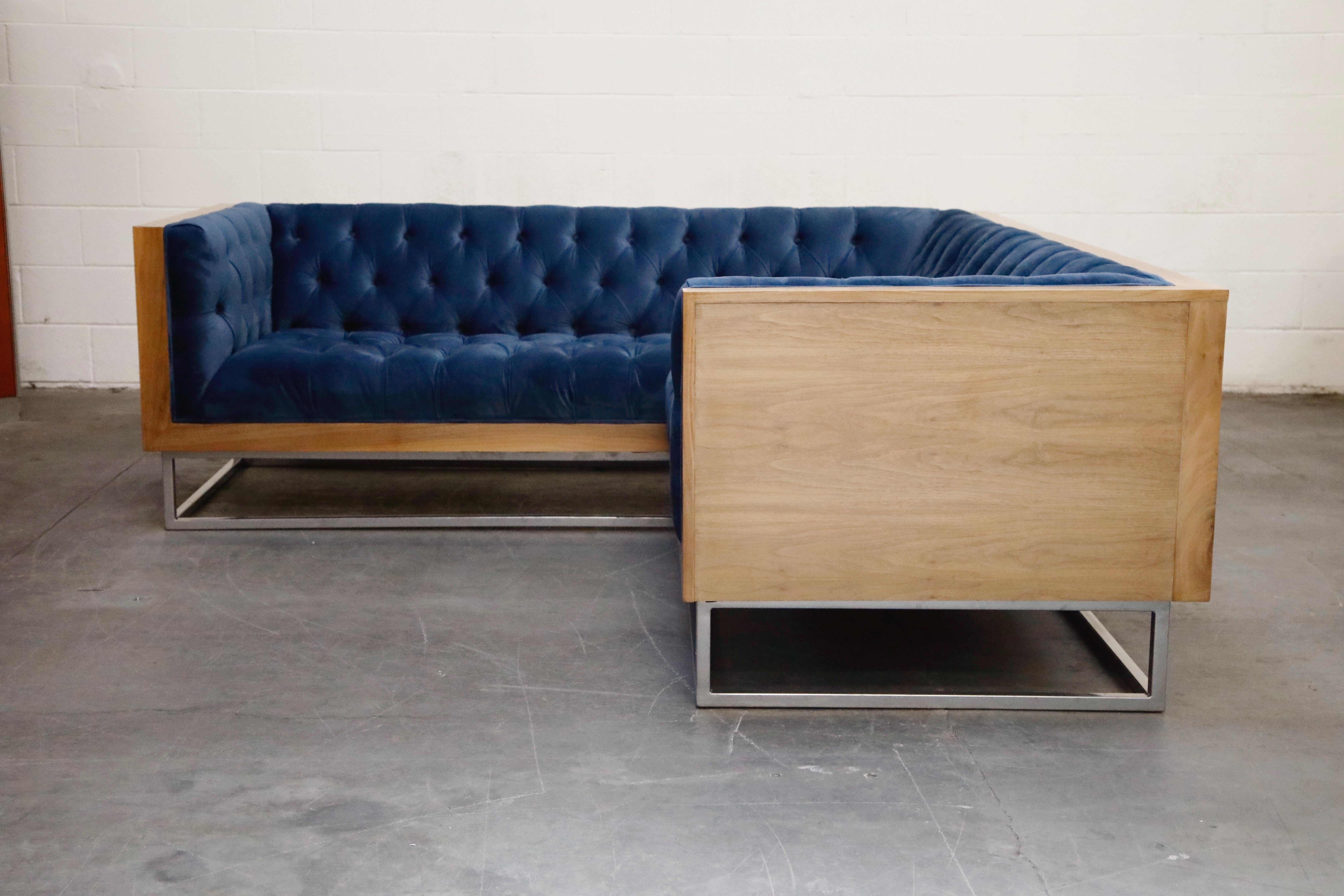 American Milo Baughman Styled Sectional Case Sofa with Tufted Velvet on Steel Frame