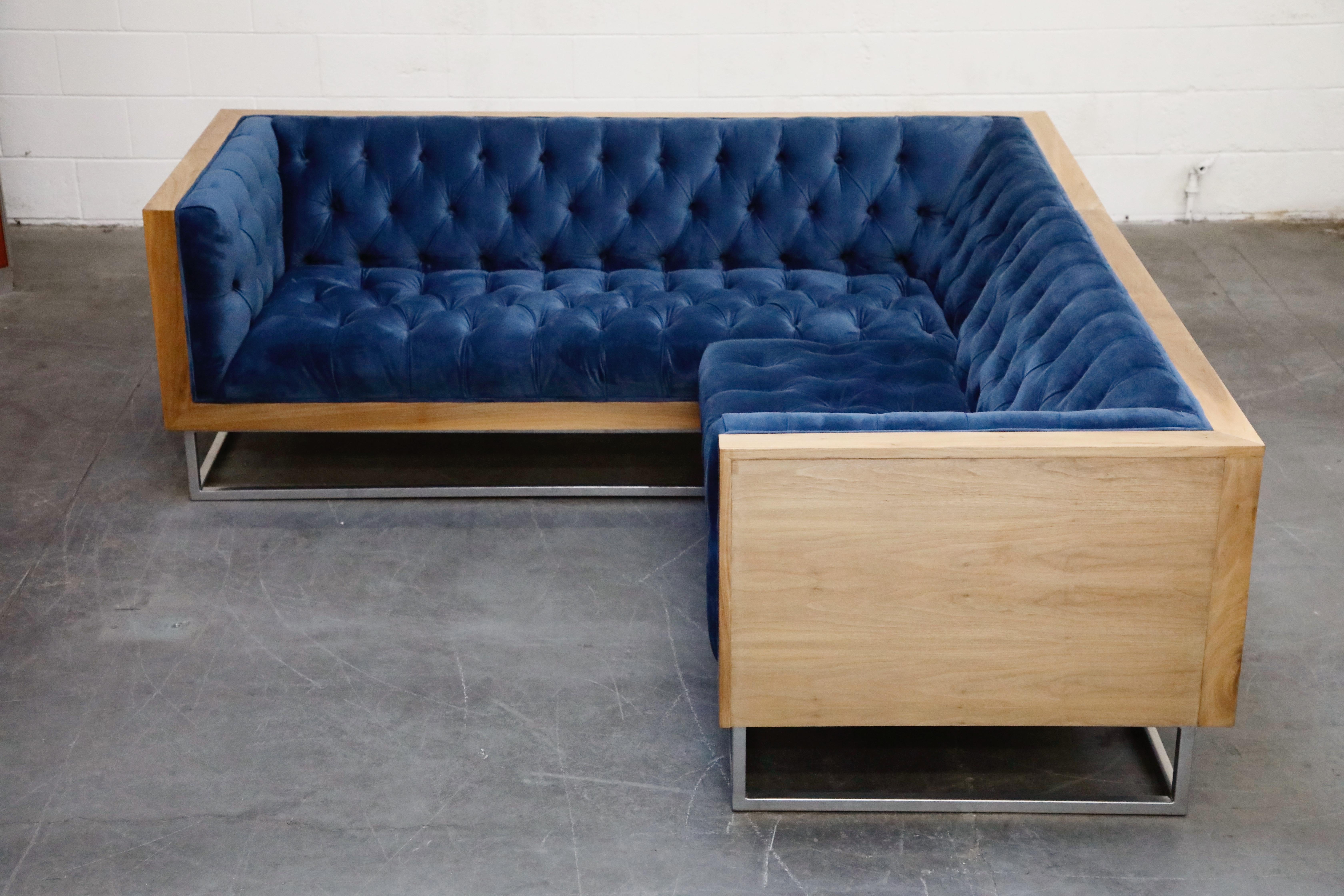 Milo Baughman Styled Sectional Case Sofa with Tufted Velvet on Steel Frame In Good Condition In Los Angeles, CA