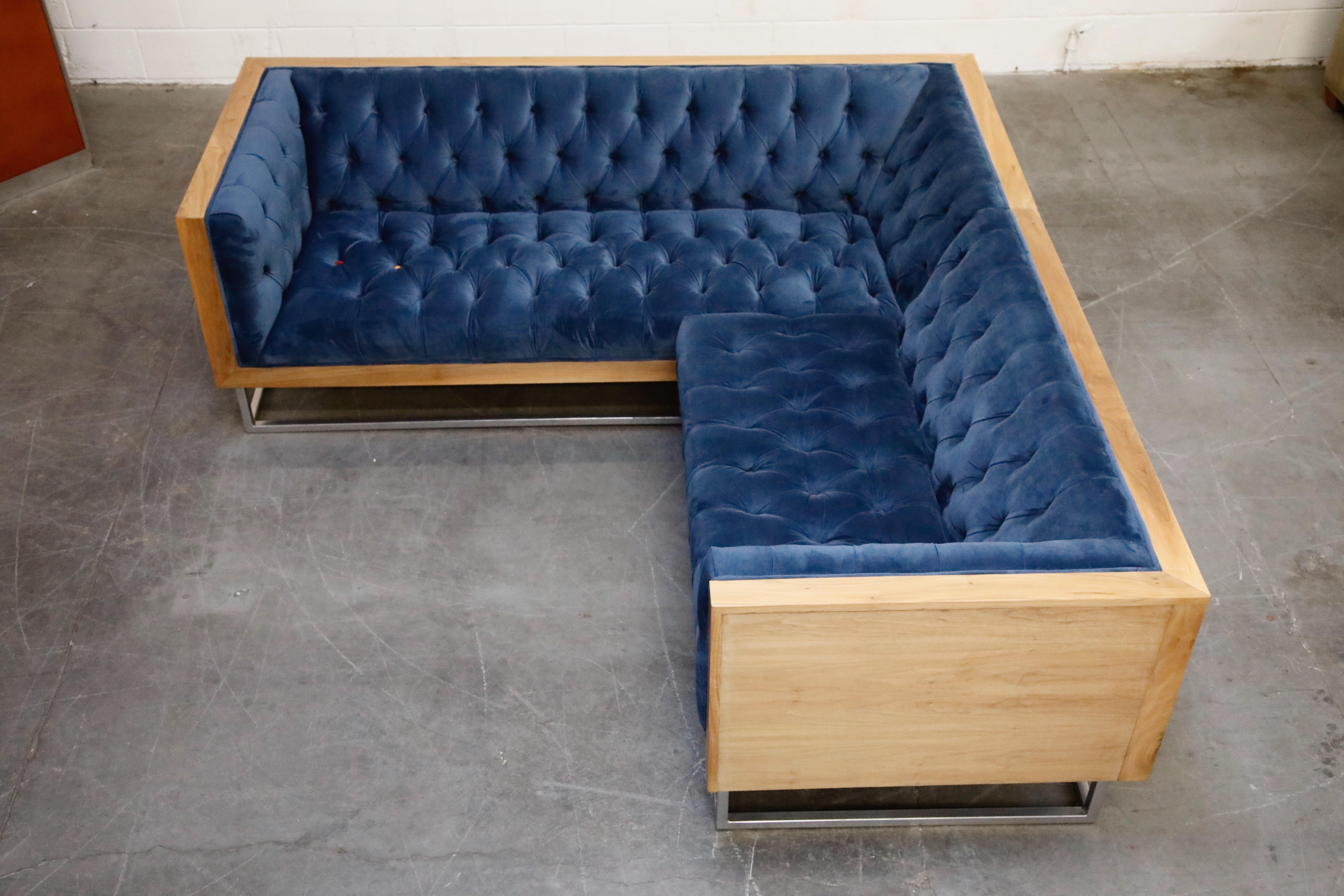 Contemporary Milo Baughman Styled Sectional Case Sofa with Tufted Velvet on Steel Frame