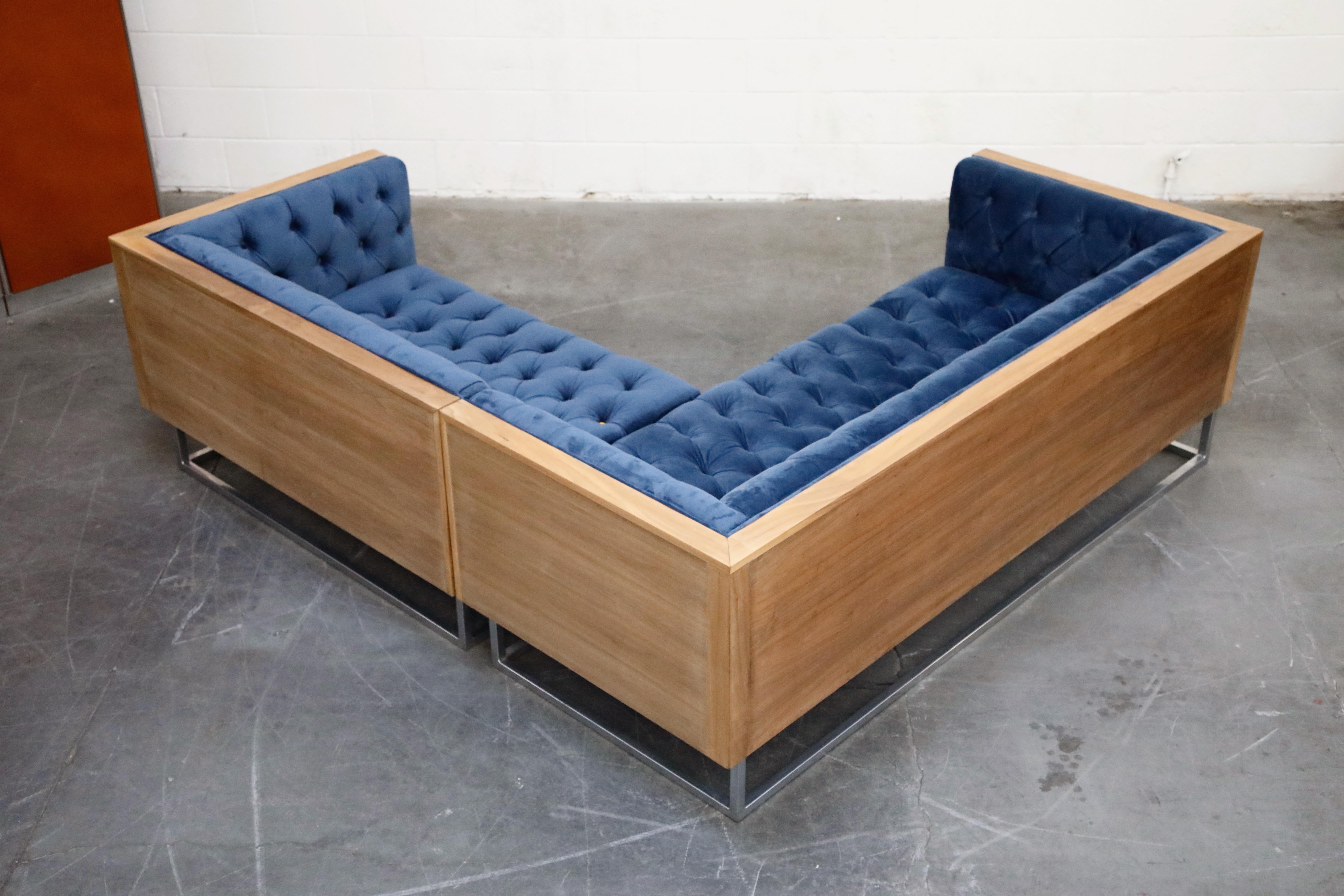 Milo Baughman Styled Sectional Case Sofa with Tufted Velvet on Steel Frame 2