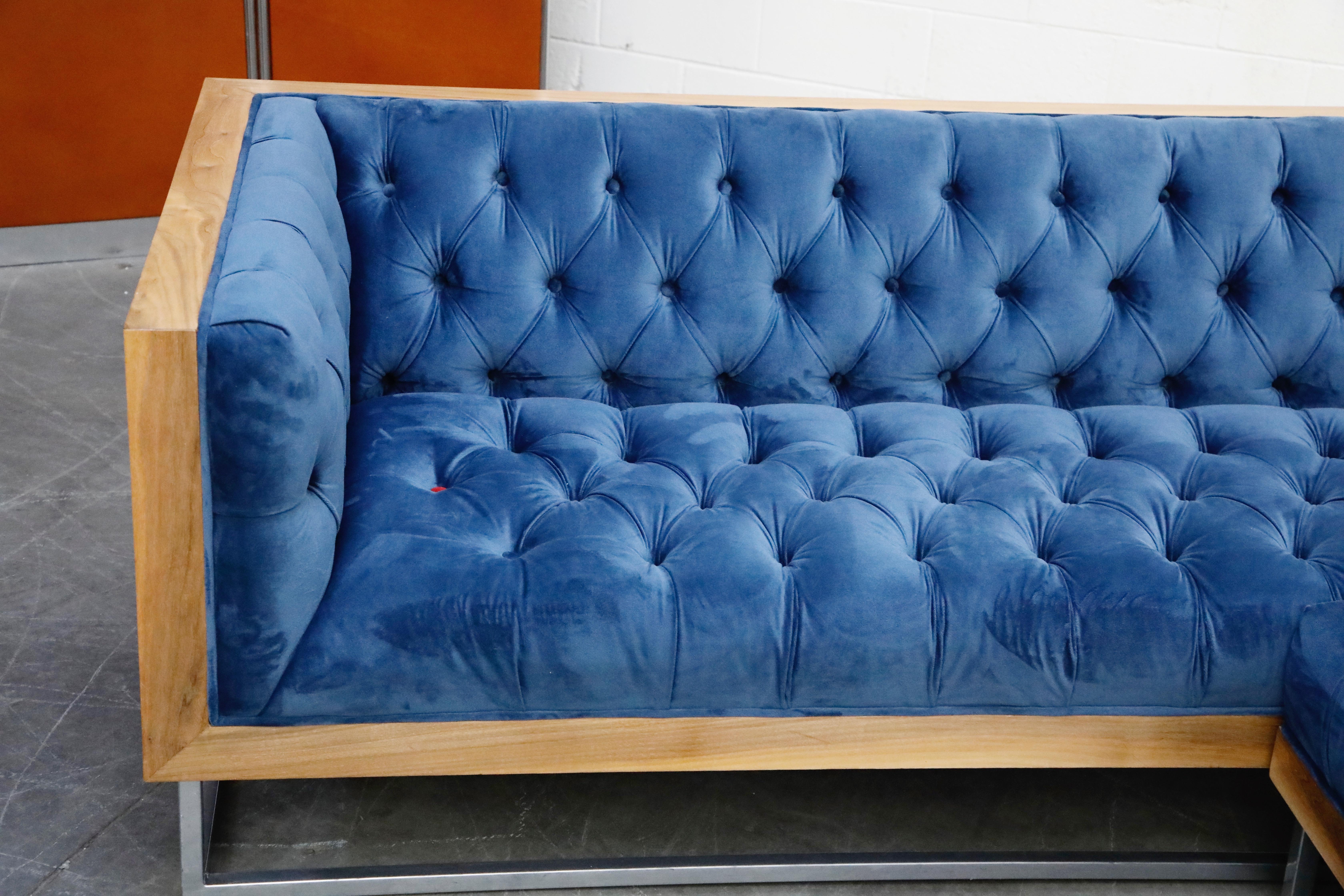 Milo Baughman Styled Sectional Case Sofa with Tufted Velvet on Steel Frame 3