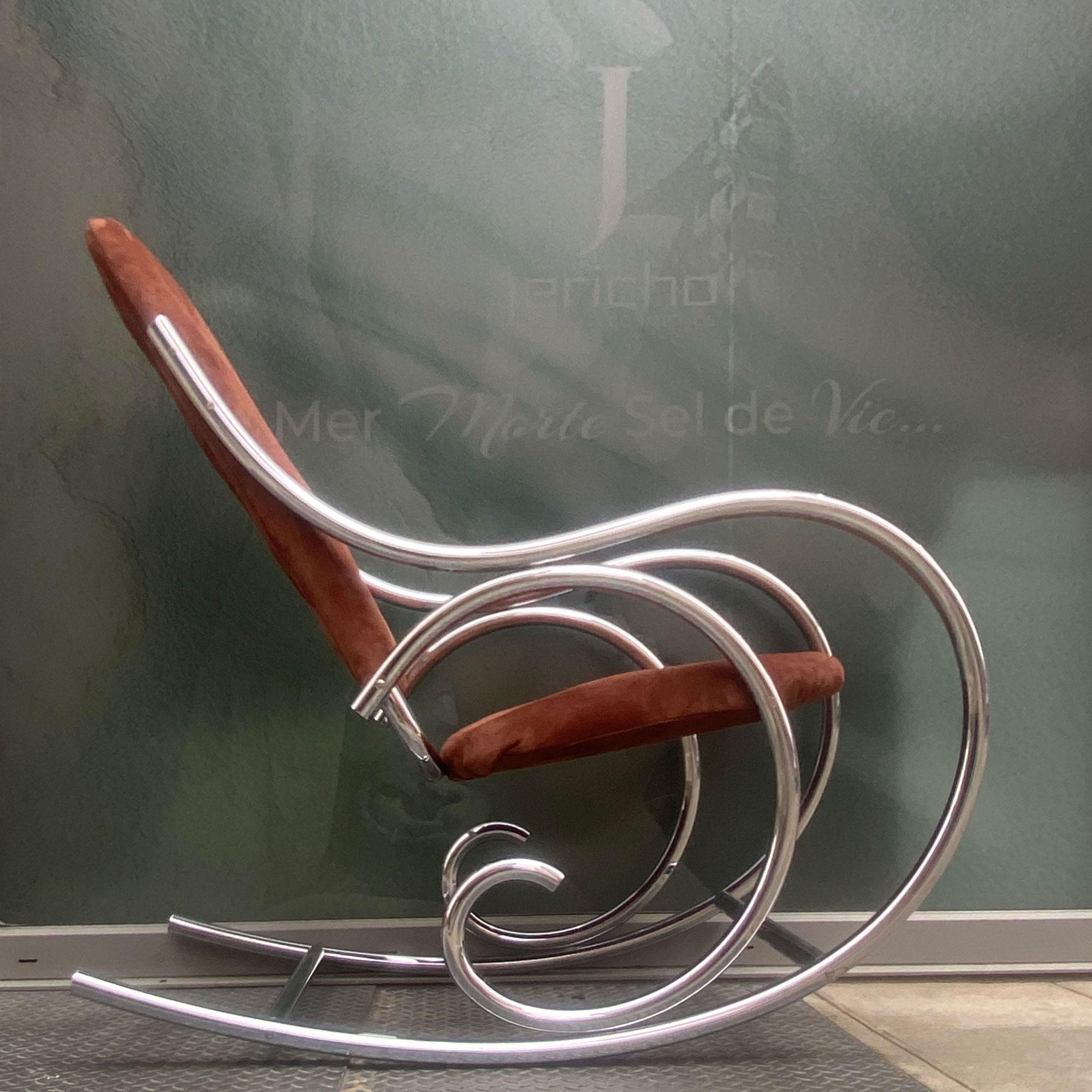 Mid-Century moderno Sedia a dondolo in pelle scamosciata di Milo Baughman 1970 in vendita