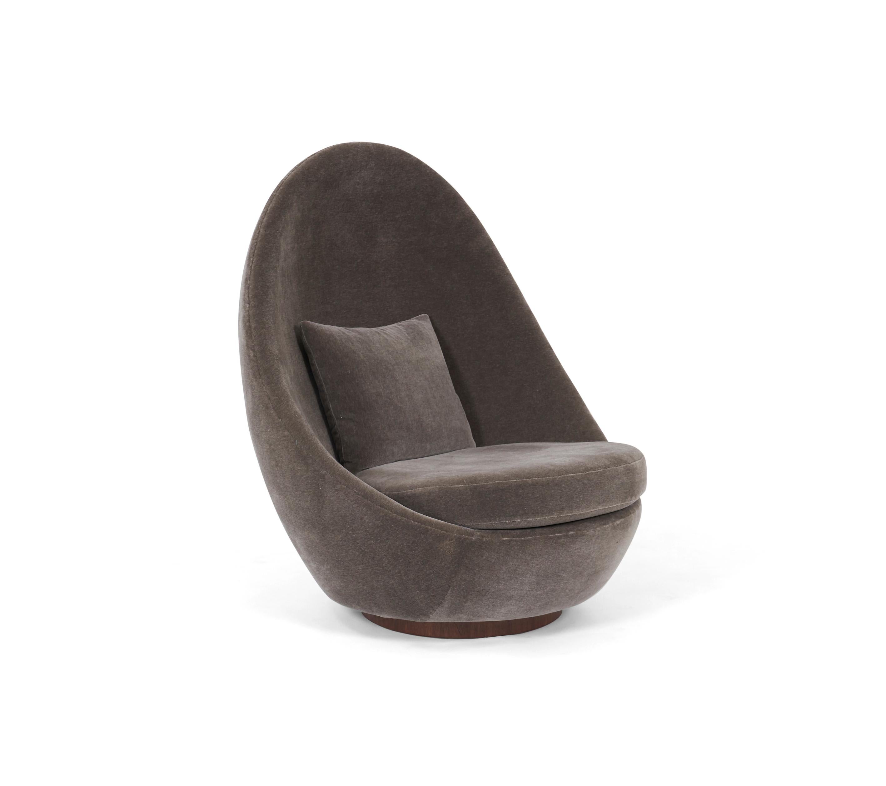 Fully restored high back egg chair by Milo Baughman. Vintage 1967. All new foam and grey mohair over walnut base.