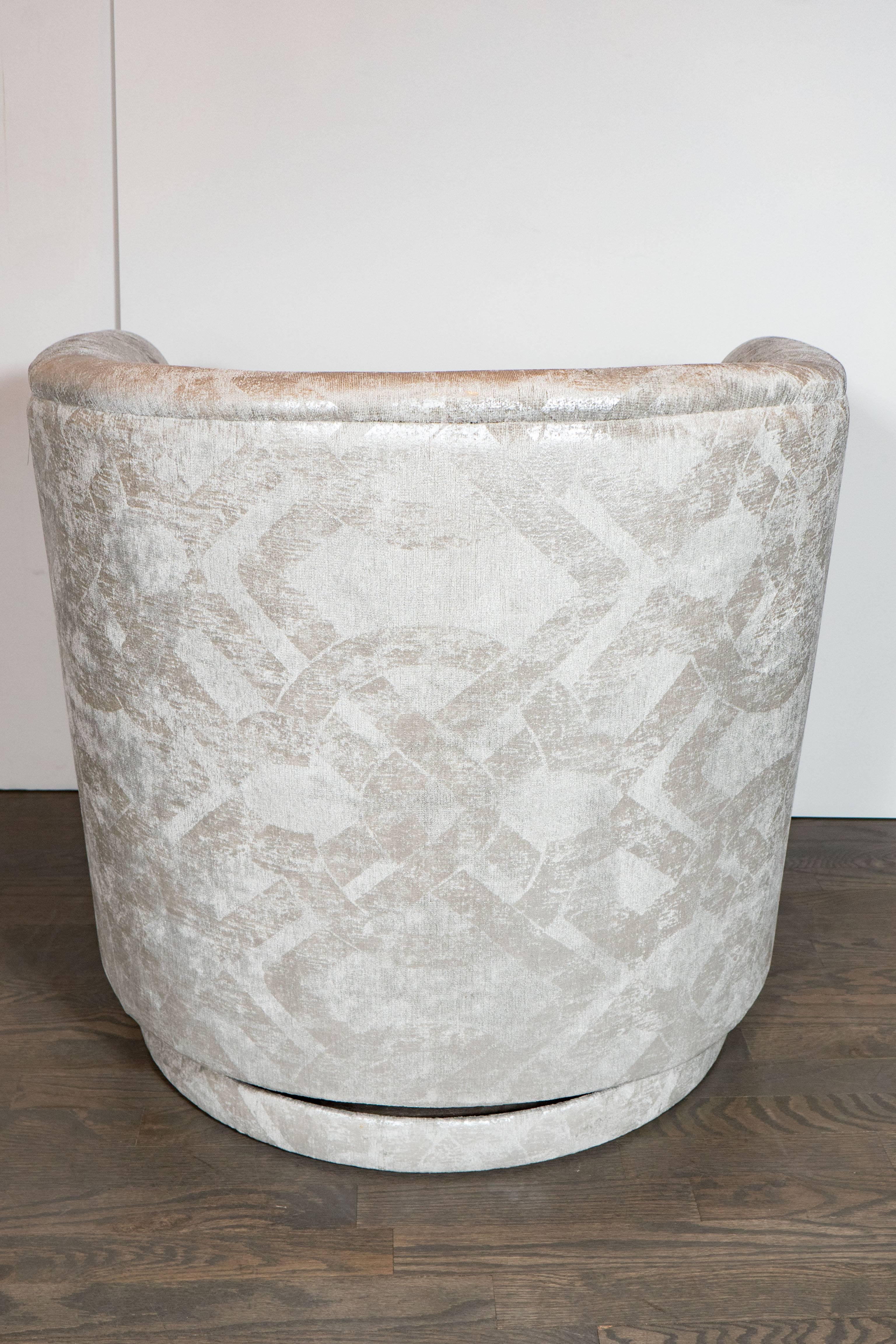 Upholstery Milo Baughman Style Swivel Chair in Embossed Pearl and Metallic Platinum Velvet For Sale