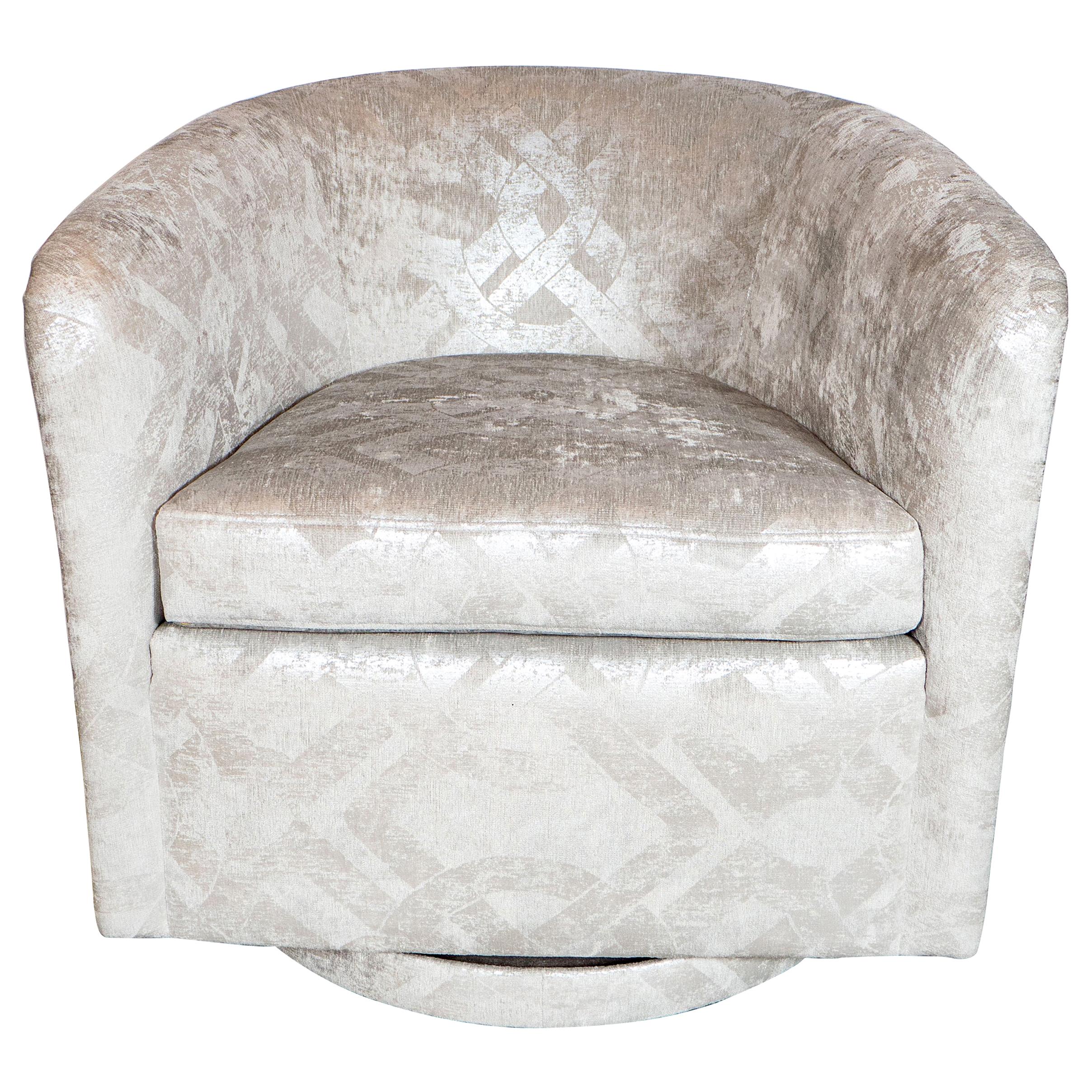 Milo Baughman Style Swivel Chair in Embossed Pearl and Metallic Platinum Velvet