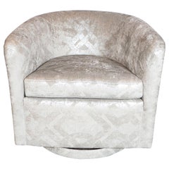 Retro Milo Baughman Style Swivel Chair in Embossed Pearl and Metallic Platinum Velvet
