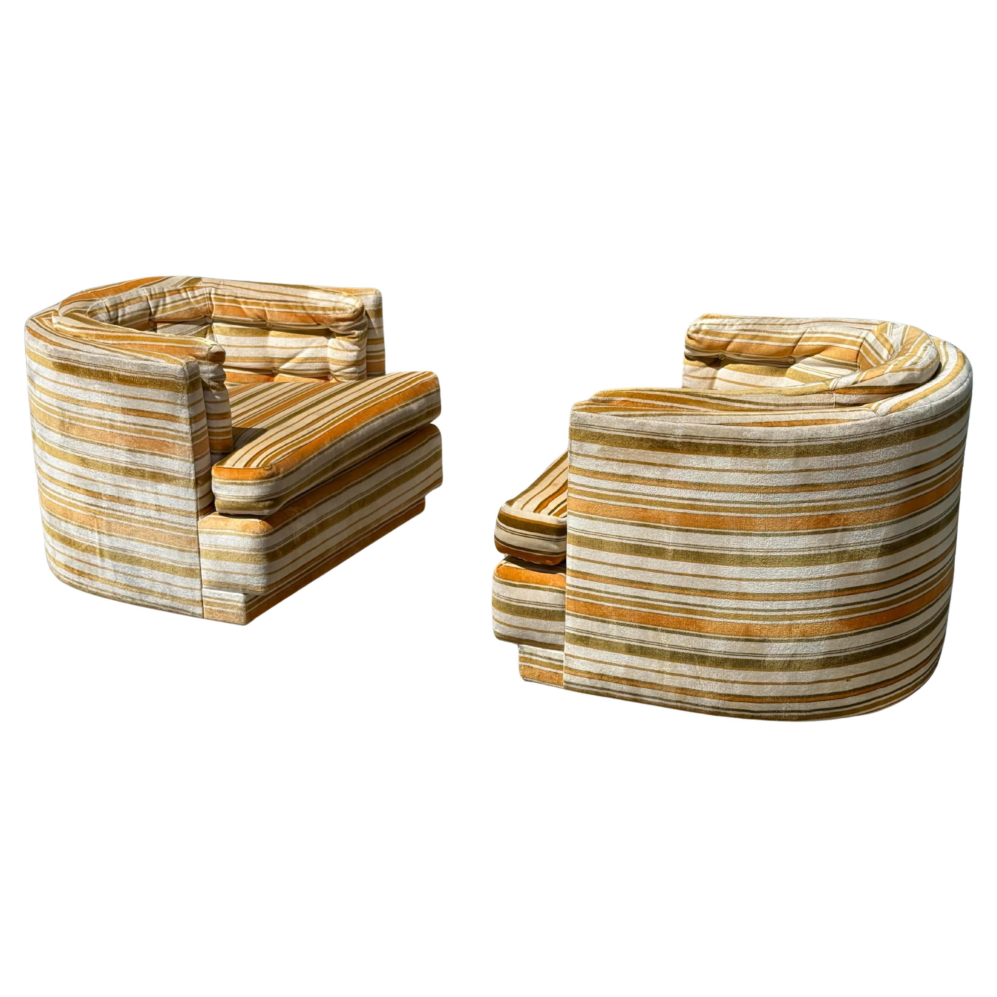 Vintage 1960s velvet swivel chairs by Milo Baughman. Original velvet Jack Lenor Larsen type fabric.

These chairs are just amazing. They swivel.

Very good vintage condition. Overall the fabric is very good. There are very minor small stains on on