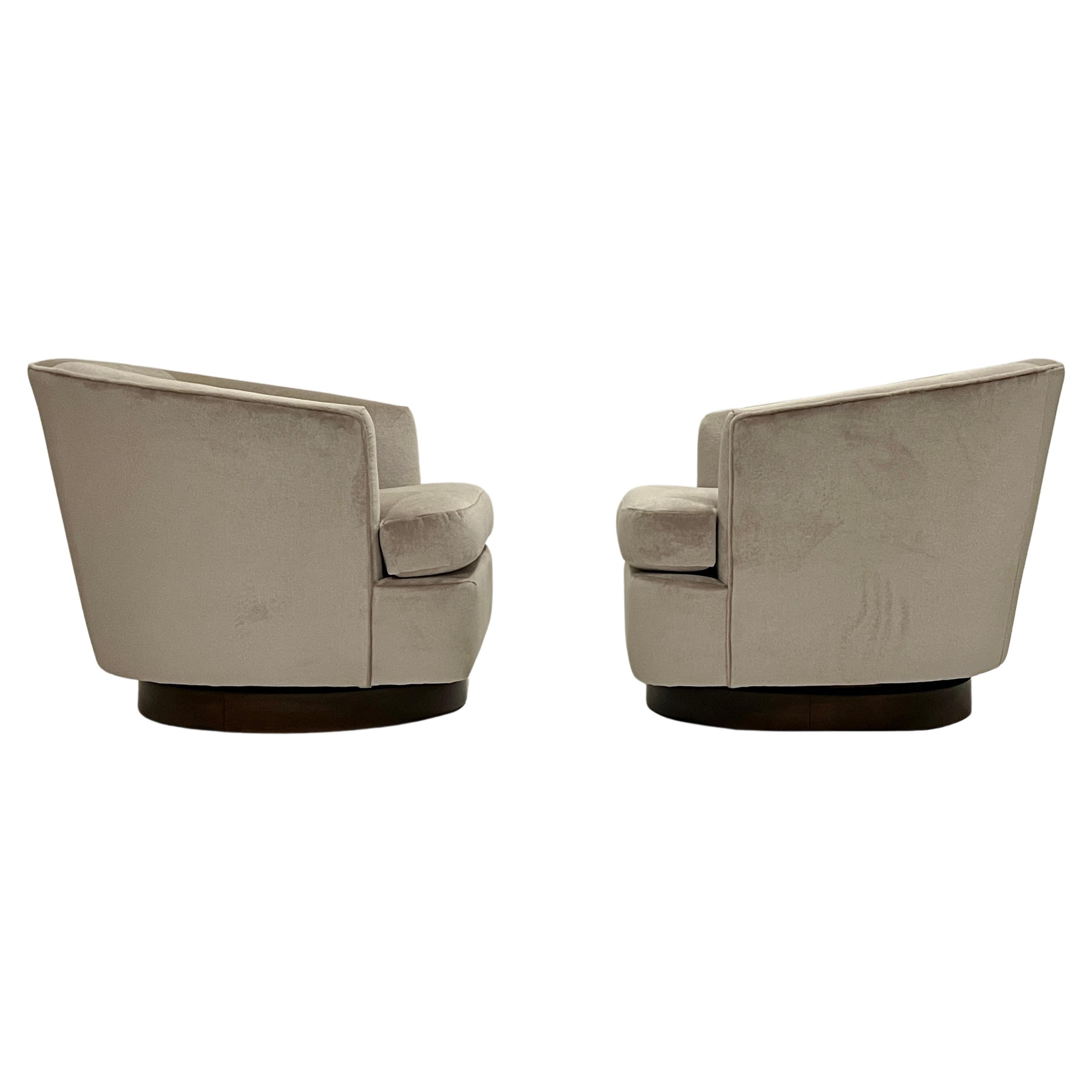 Milo Baughman Style Swivel Chairs in Platinum Mohair
