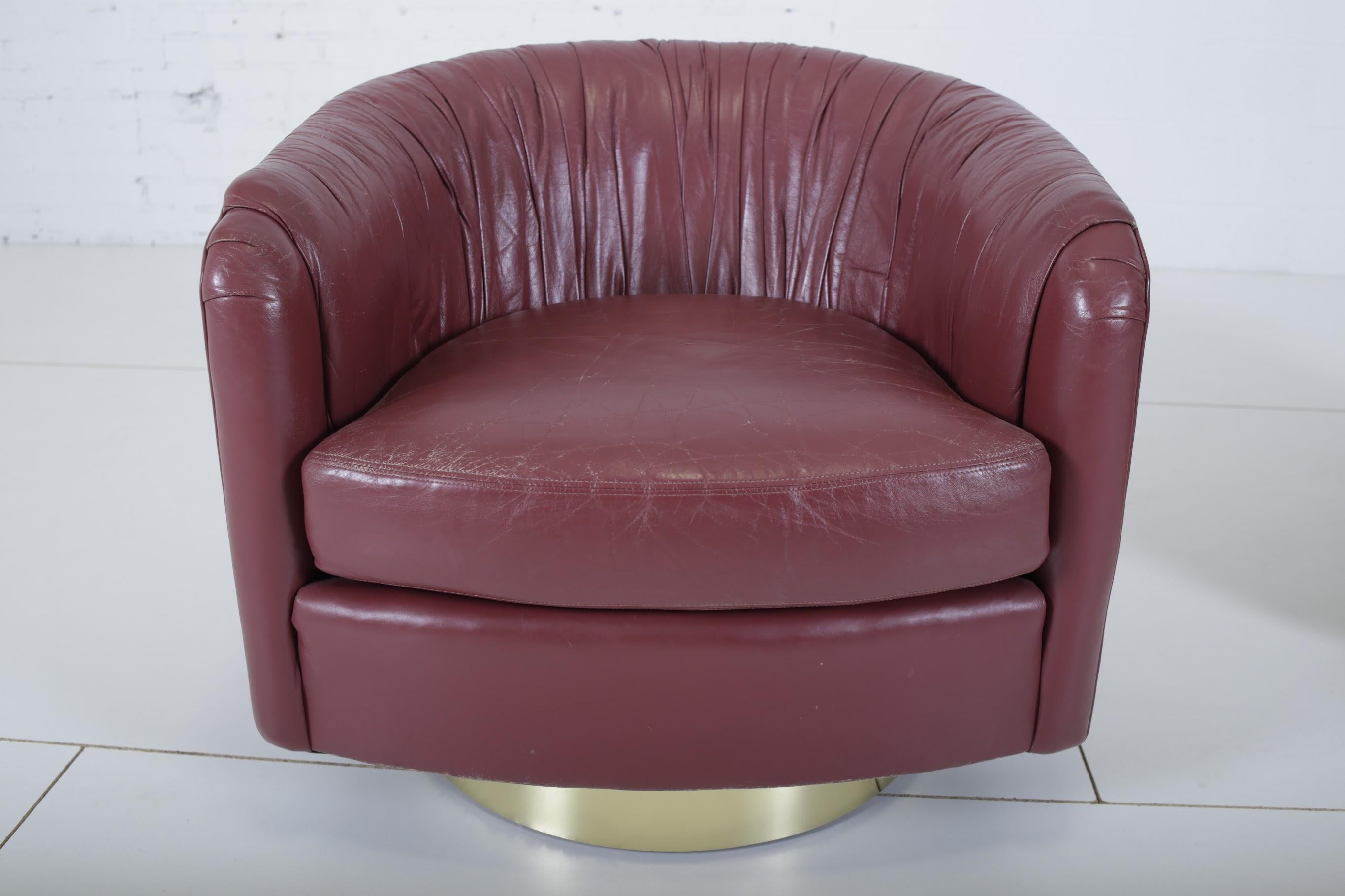 American Leather Swivel Chairs on Brass Bases For Sale