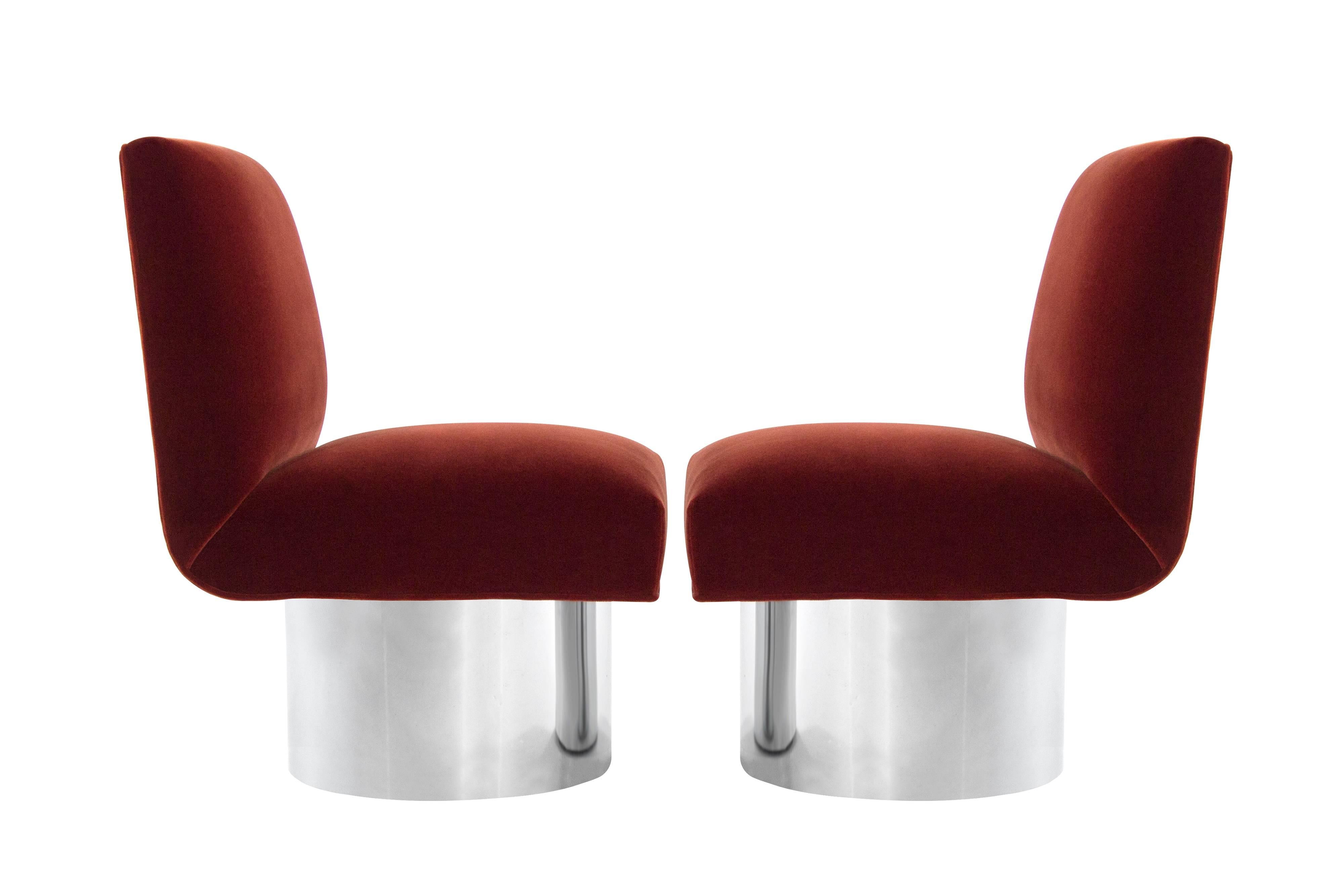 Set of Milo Baughman for Thayer Coggin chairs with return-swivel system on tall drum nickel bases, circa 1960s.

Newly upholstered in rust red mohair.