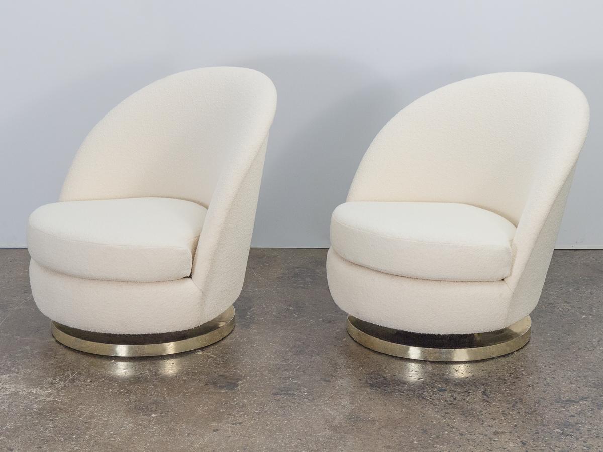North American Milo Baughman Swivel Lounge Chairs in Boucle with Brass Bases