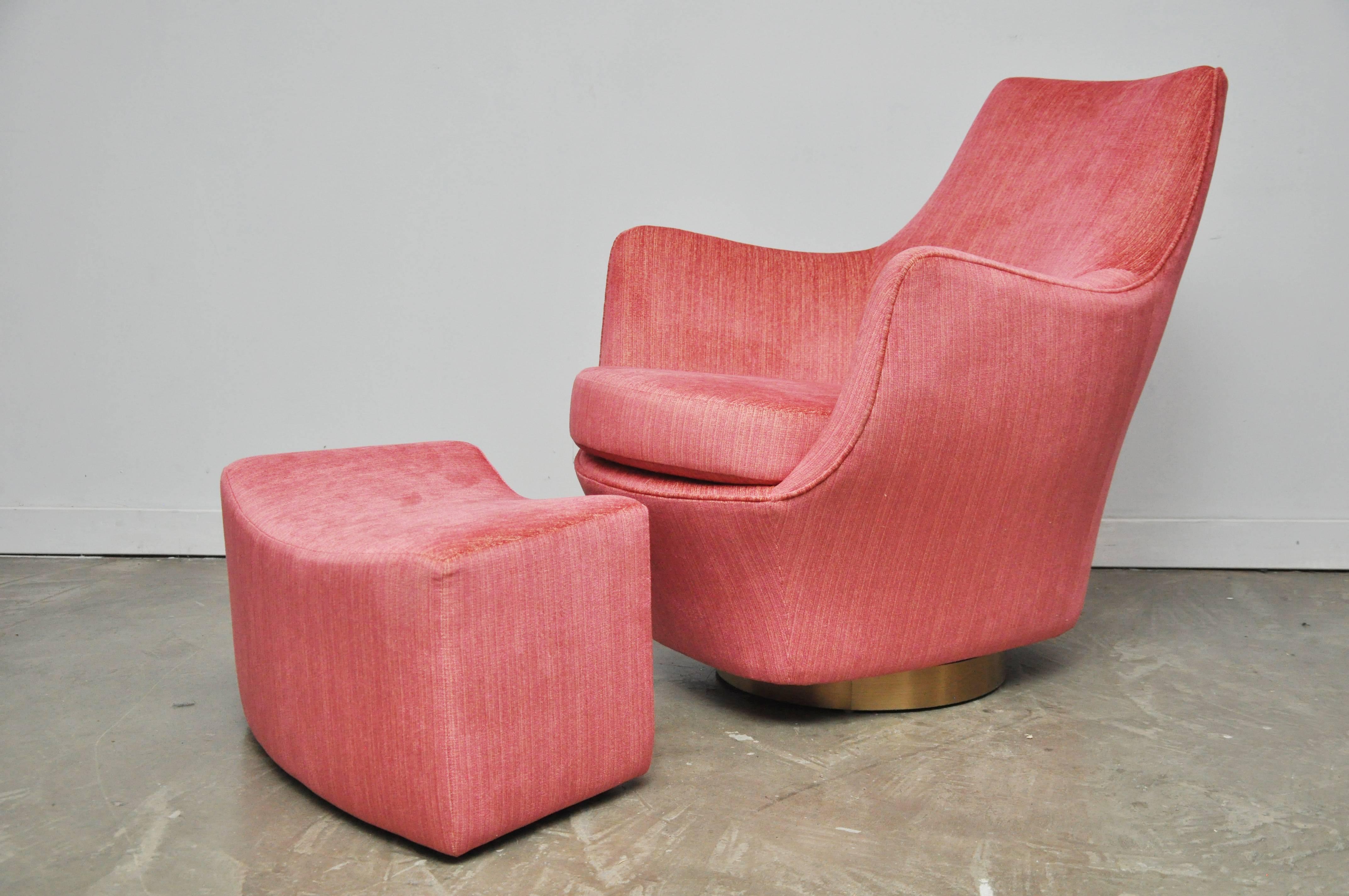 Pod chair by Milo Baughman with ottoman. Fully restored and reupholstered in new pink fabric over brushed bronze swivel base.