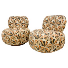 Milo Baughman Swivel Slipper Pouf Club Chairs in New Fresh Fabric 1970s Regency