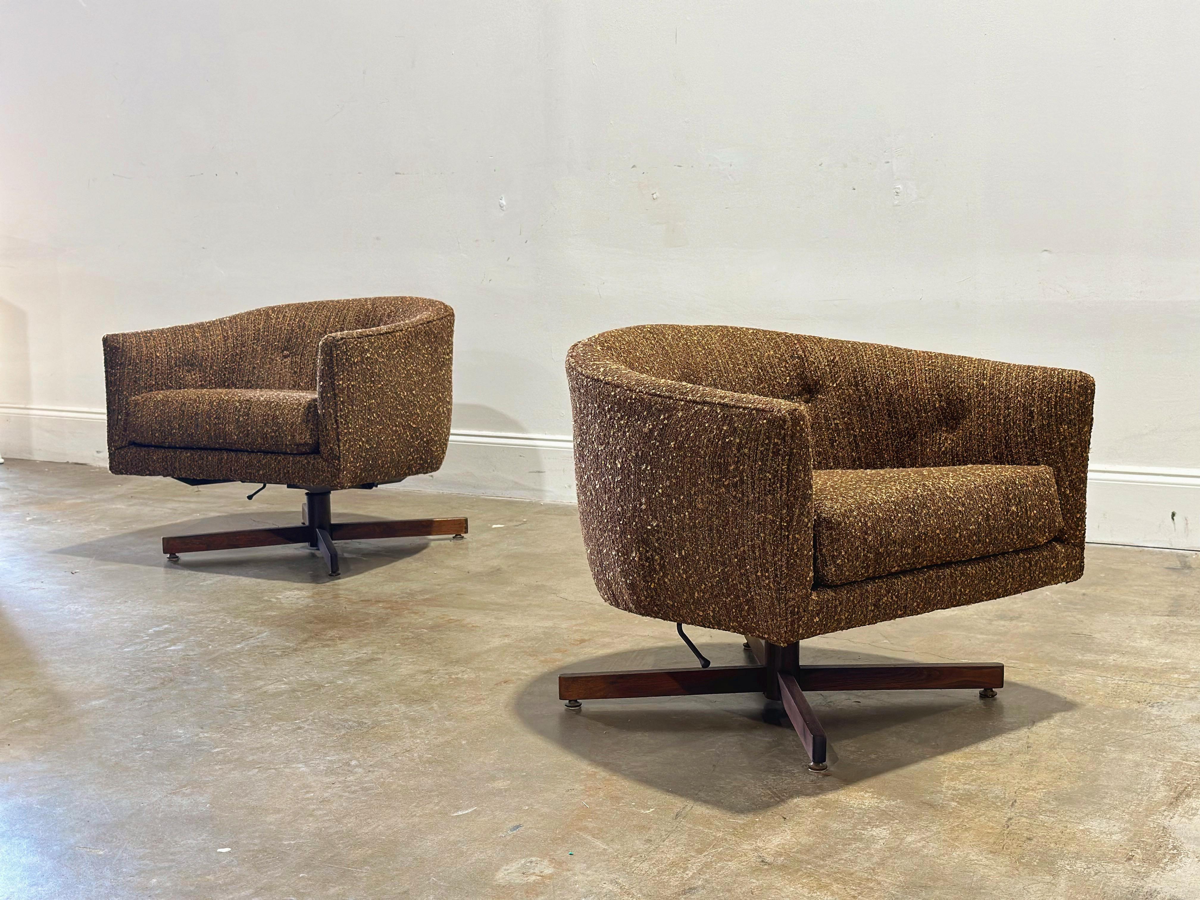 Milo Baughman Swivel + Tilt Barrel Lounge Chairs - Midcentury - Walnut Bases For Sale 6