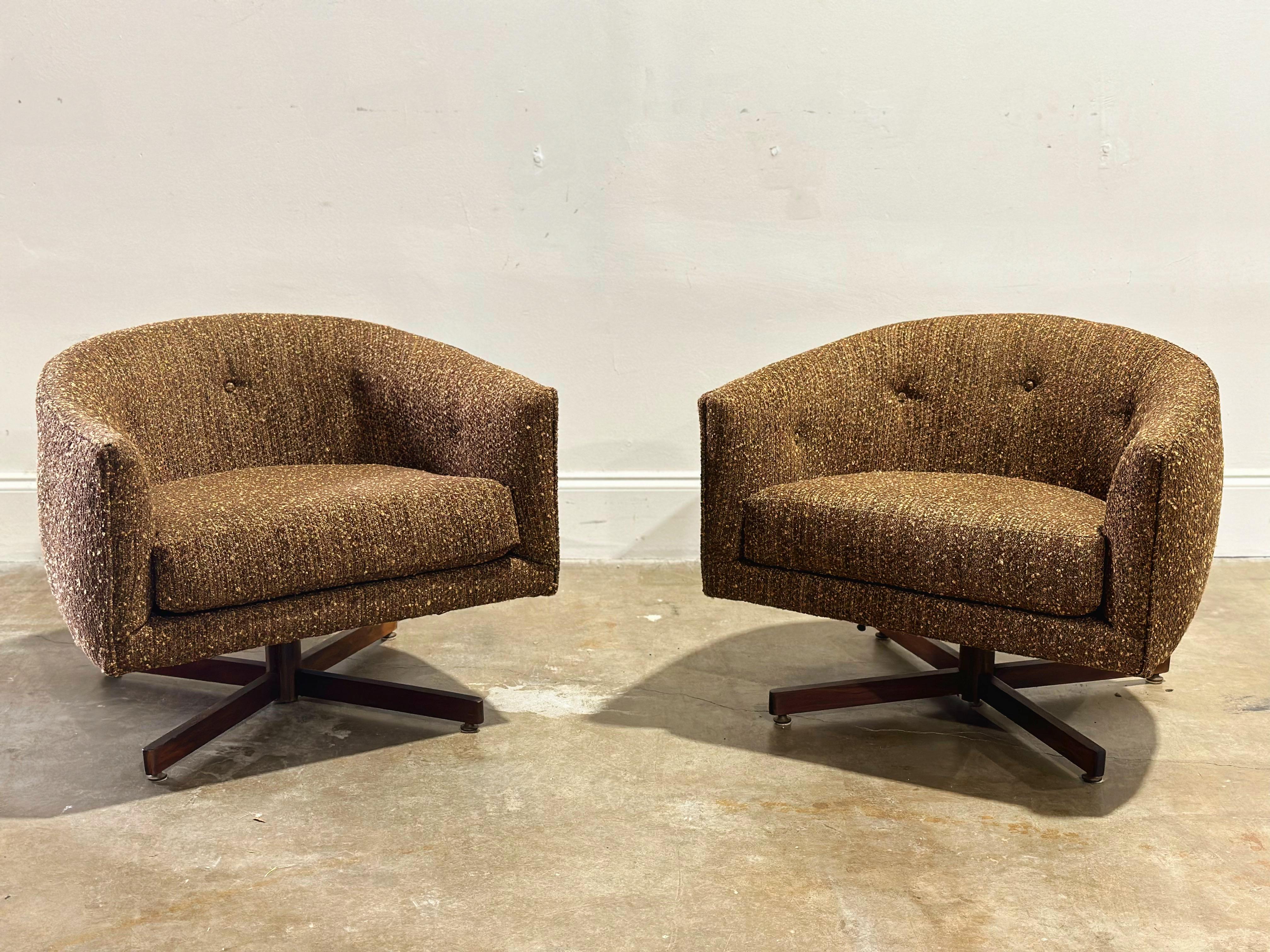 American Milo Baughman Swivel + Tilt Barrel Lounge Chairs - Midcentury - Walnut Bases For Sale