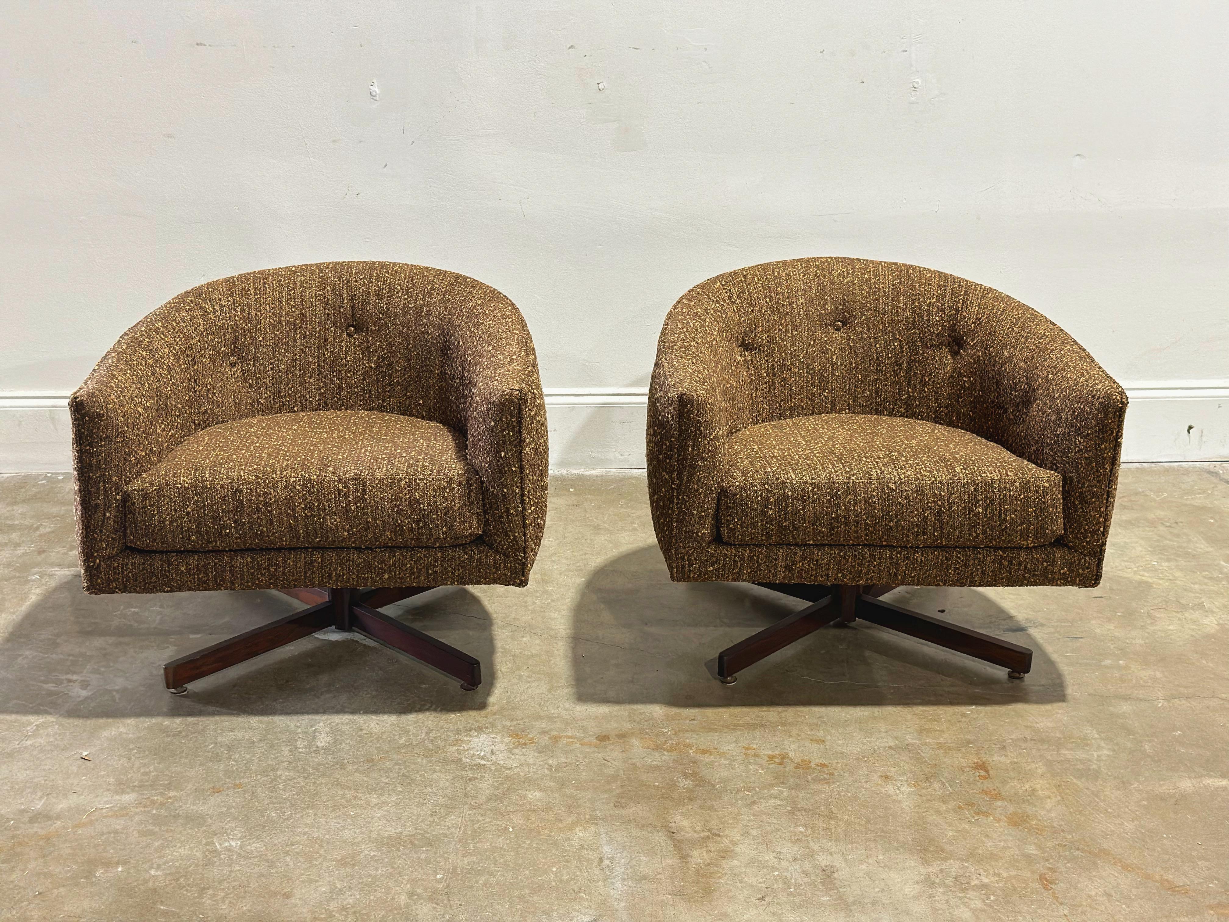 Bouclé Milo Baughman Swivel + Tilt Barrel Lounge Chairs - Midcentury - Walnut Bases