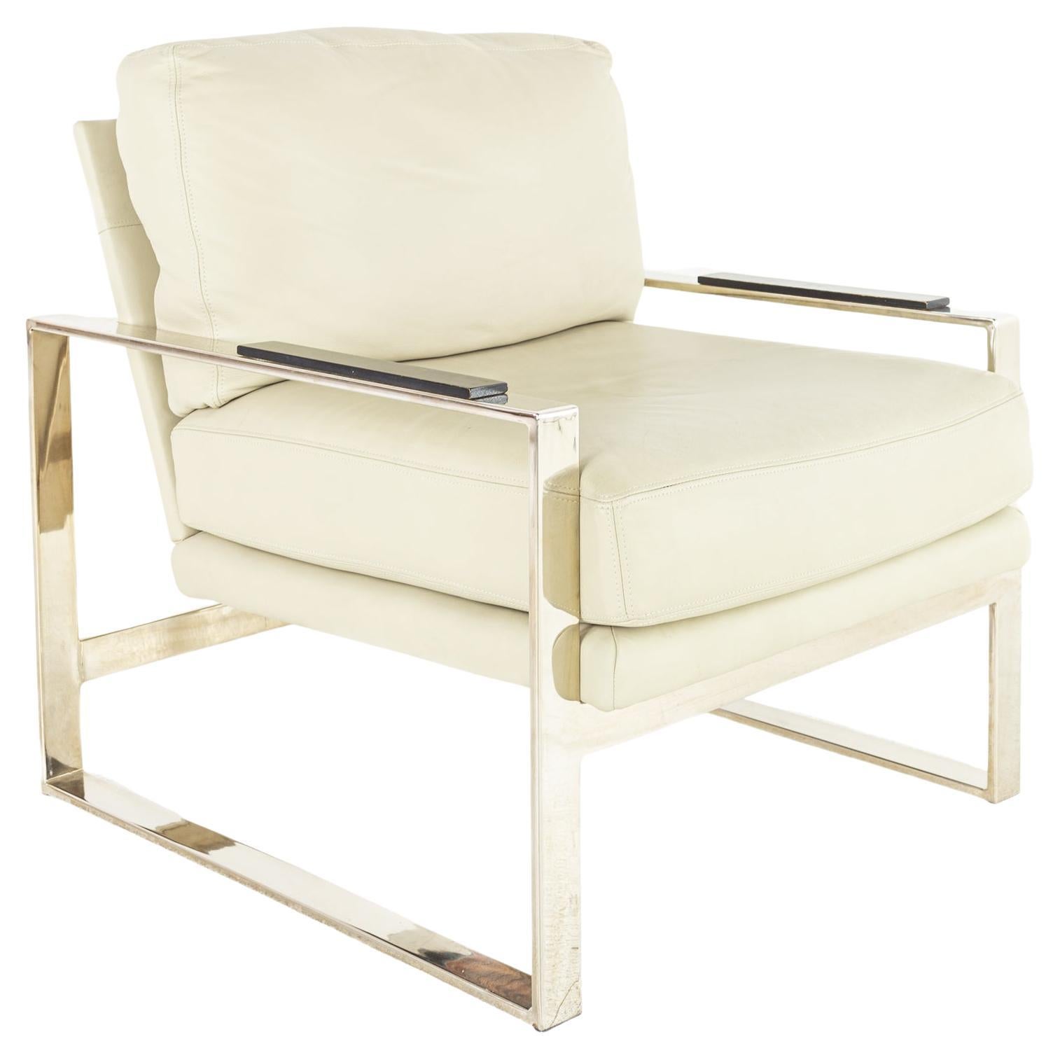 Milo Baughman Syle Mid Century Chrome and Leather Flatbar Lounge Chair
