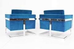 Milo Baughman T-Back Cube Chairs in Holly Hunt Teal Blue Great Outdoors