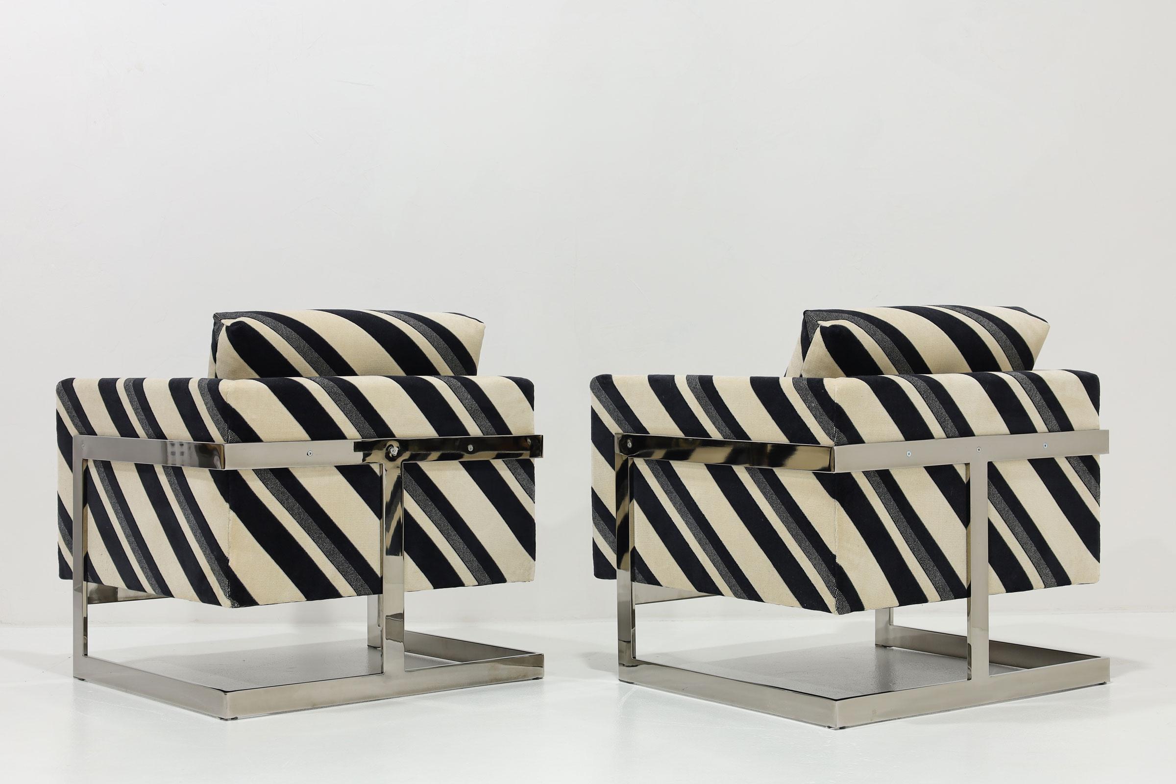 Mid-Century Modern Milo Baughman T-Back Lounge Chairs in Kelly Wearstler Sereno Stripe Velvet For Sale