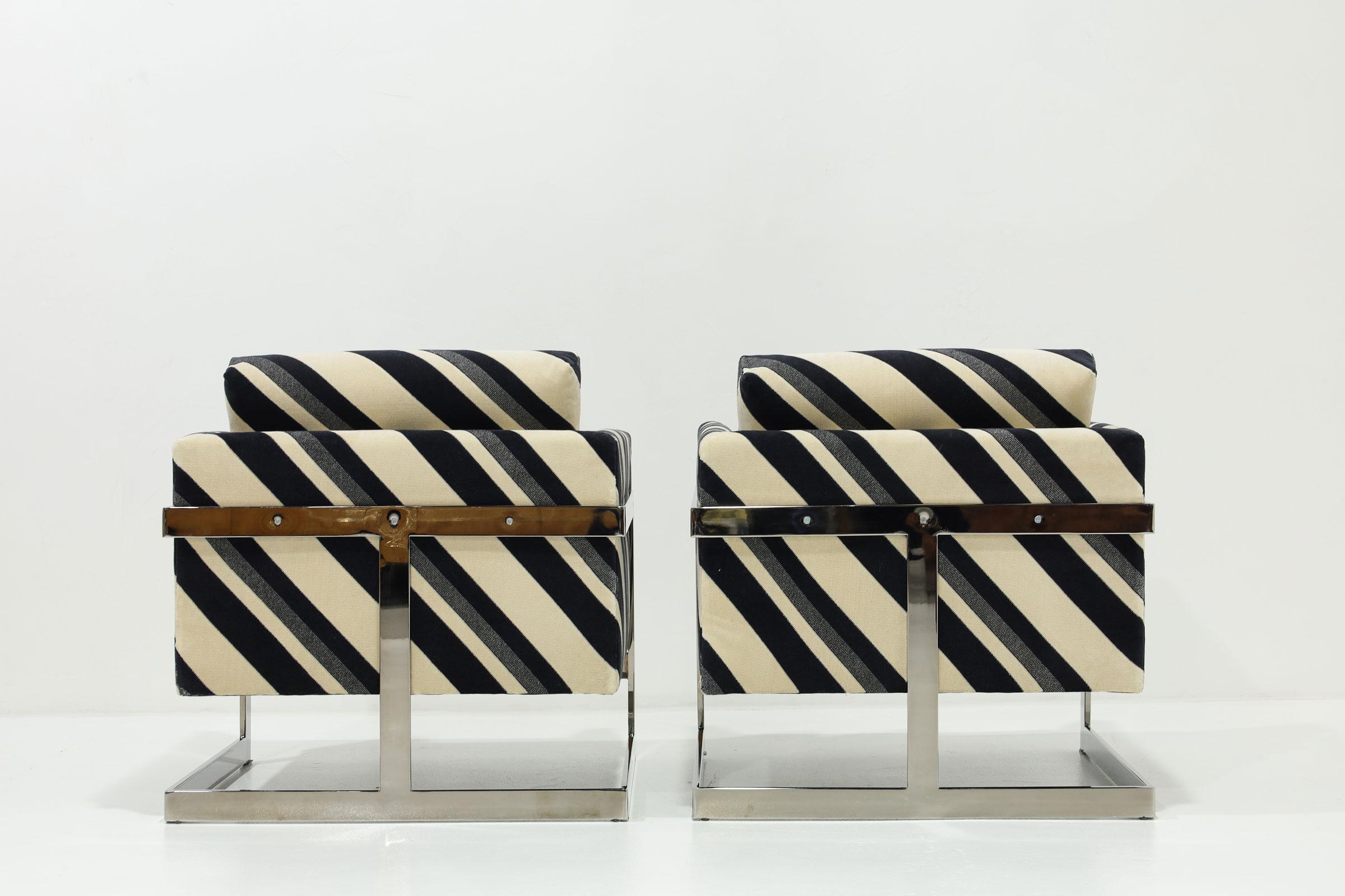 American Milo Baughman T-Back Lounge Chairs in Kelly Wearstler Sereno Stripe Velvet For Sale