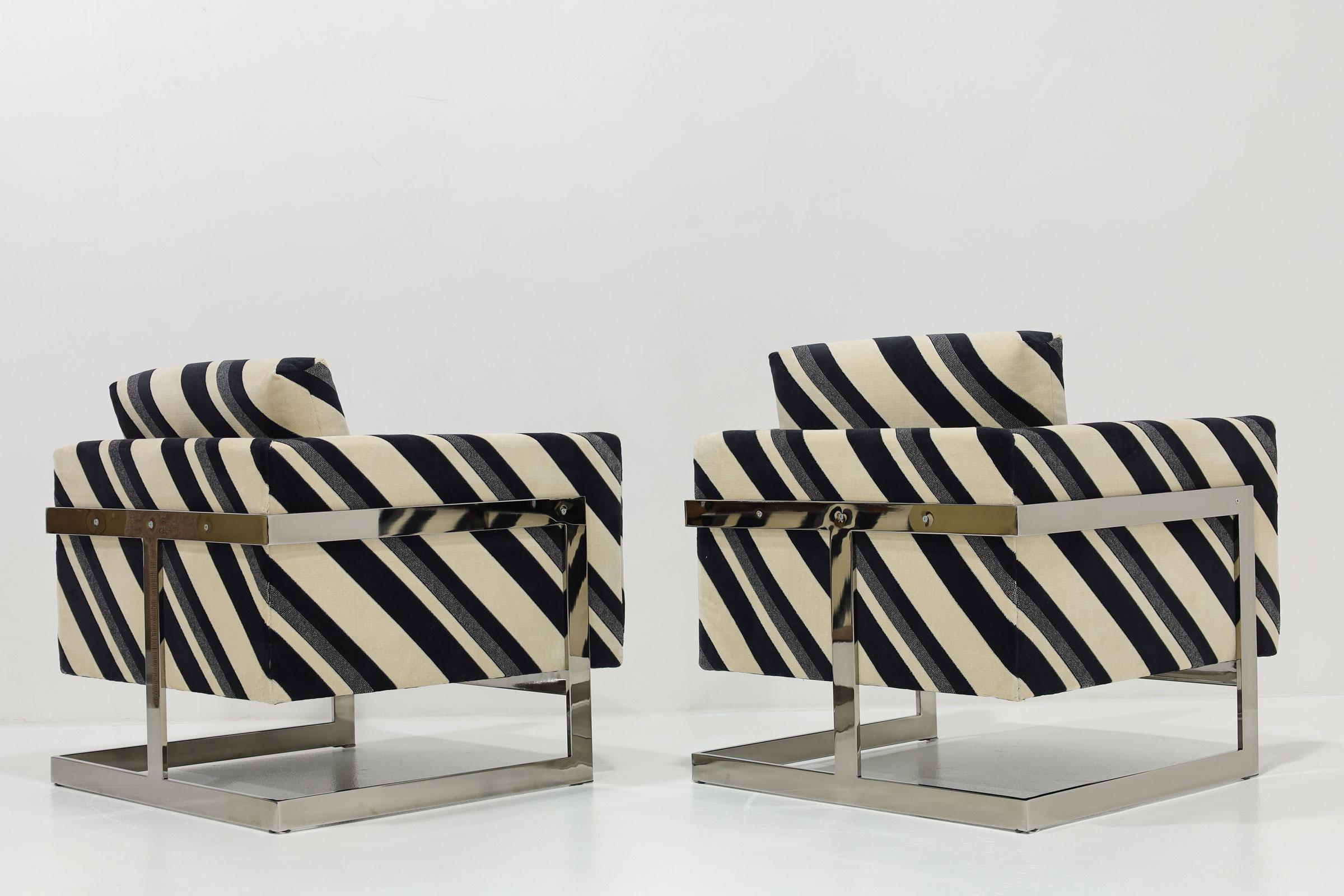 Milo Baughman T-Back Lounge Chairs in Kelly Wearstler Sereno Stripe Velvet In Good Condition For Sale In Dallas, TX