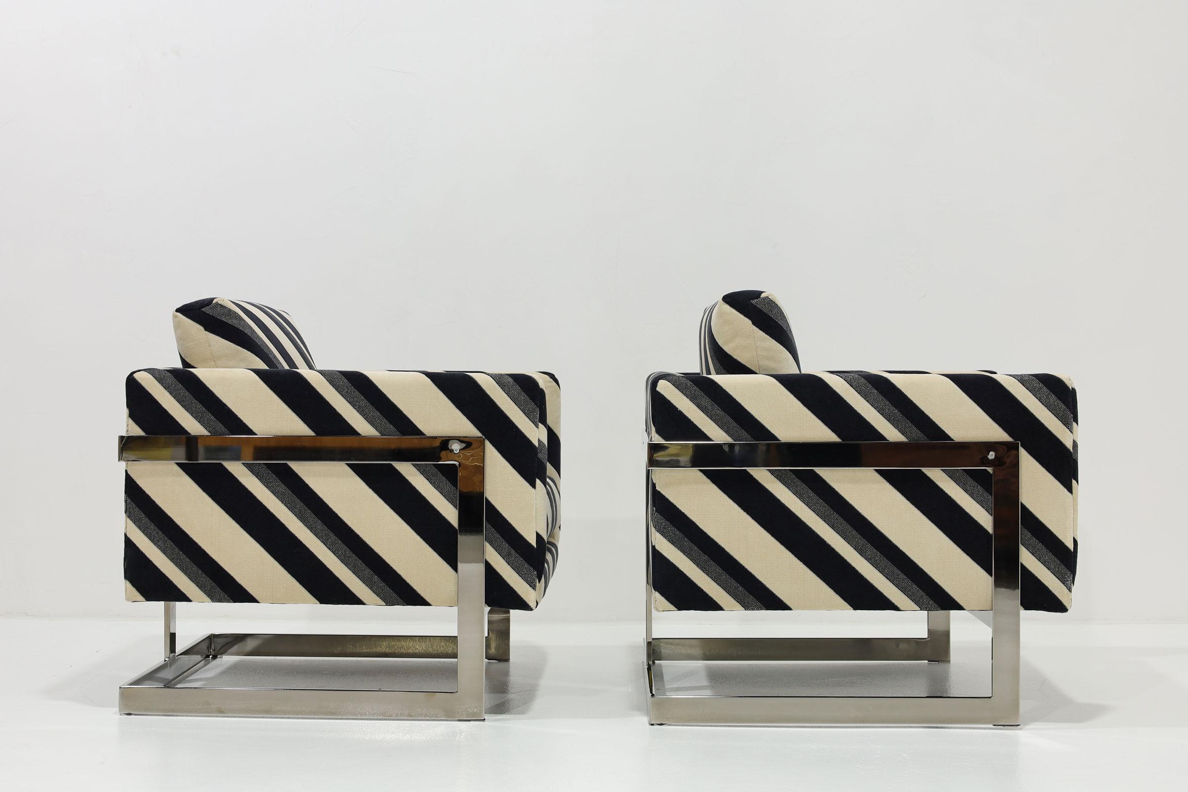 20th Century Milo Baughman T-Back Lounge Chairs in Kelly Wearstler Sereno Stripe Velvet For Sale