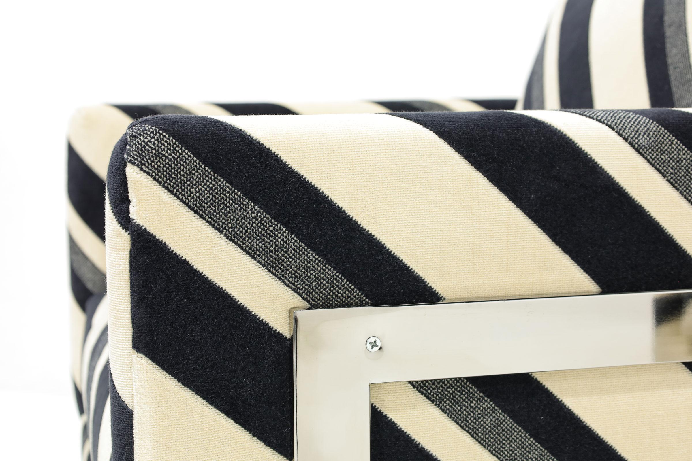 Metal Milo Baughman T-Back Lounge Chairs in Kelly Wearstler Sereno Stripe Velvet For Sale