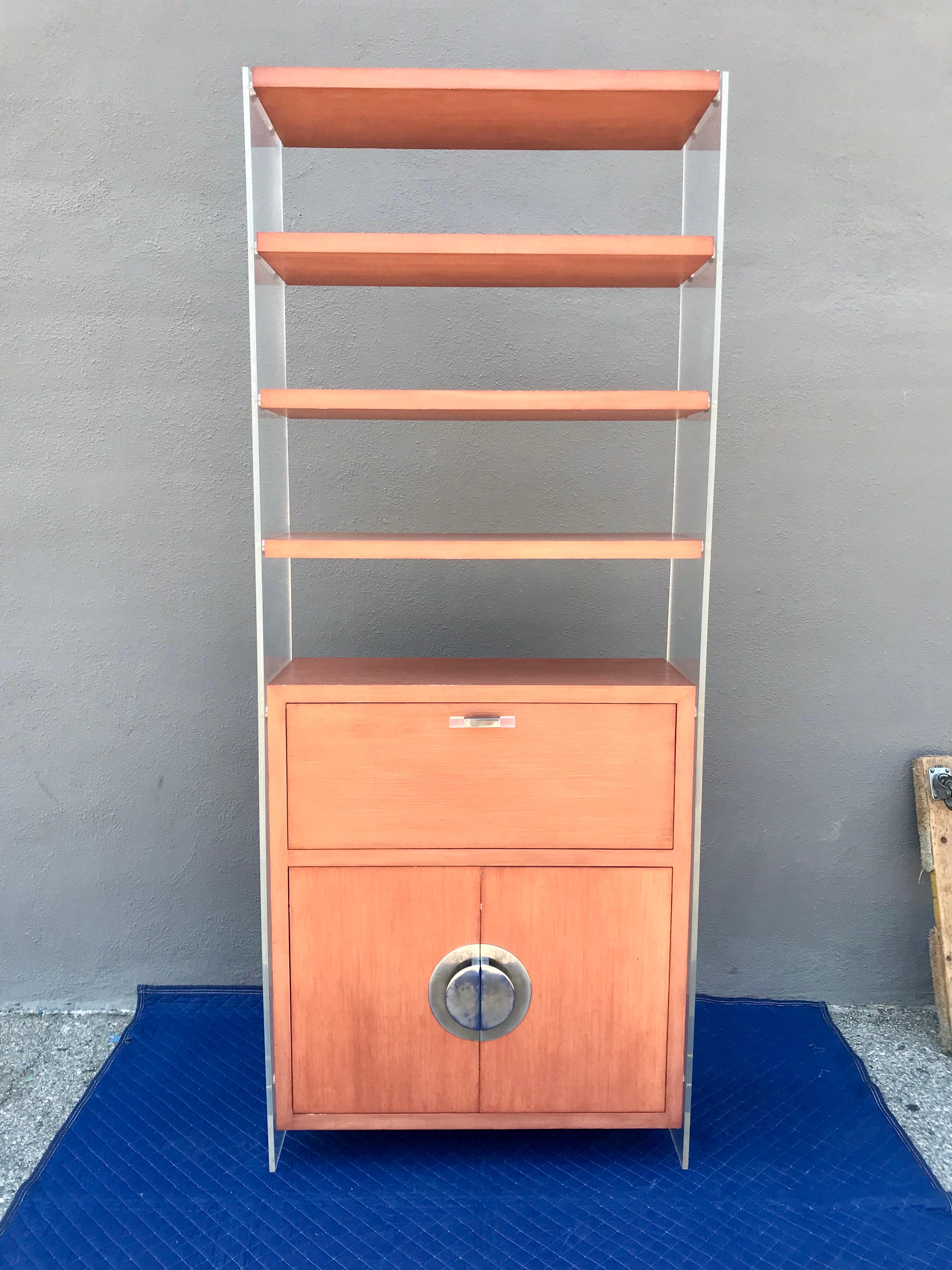 Mid-Century Modern Milo Baughman Tall Lucite and Wood Étagère with Storage