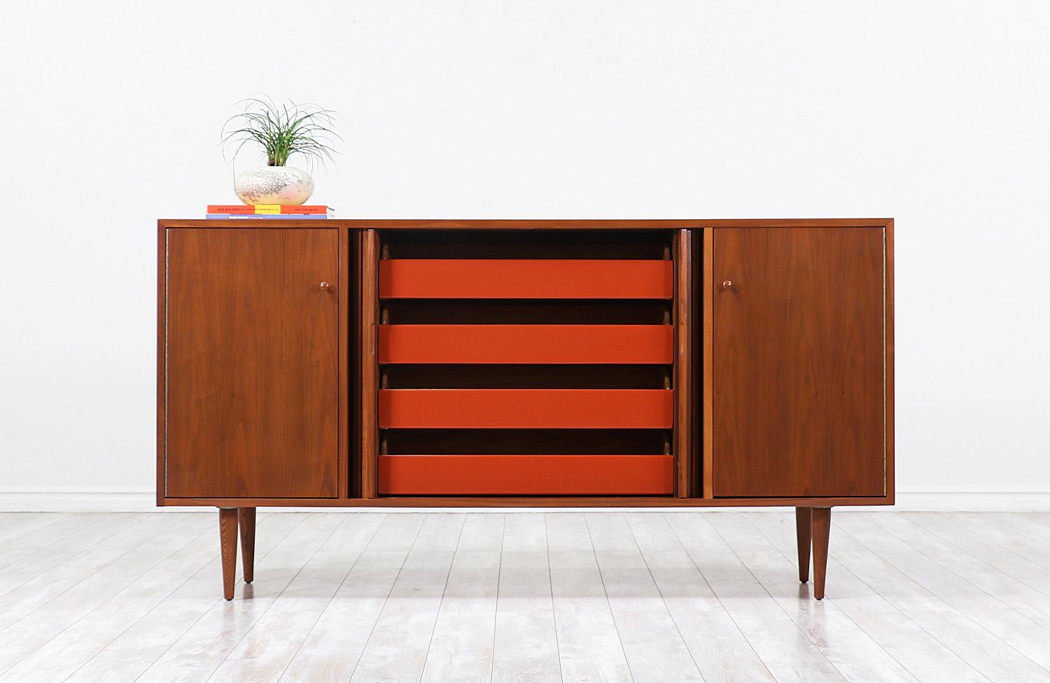 Mid-Century Modern Milo Baughman Tambour-Door Credenza with Lacquered Drawers for Glenn of Cal.